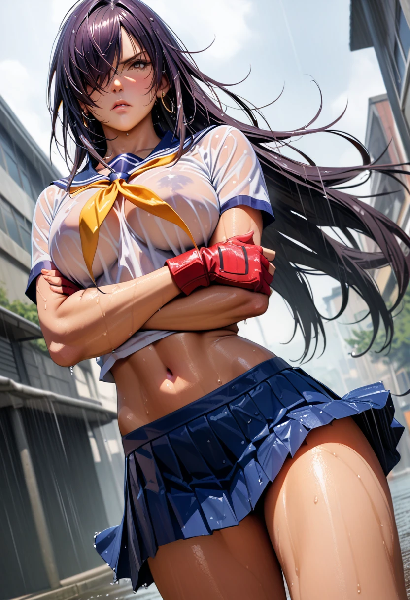 kanu,dark purple hair, hair over one eye, very long hair,school uniform,ultra miniskirt,red fingerless gloves, midriff,navel, loose socks, pleated skirt, yellow neckerchief, earrings, loafers,large breasts,perfect hands, perfect finger,perfect anatomy, masterpiece, best quality,realistic, hyperrealistic, 16k hdr,(1 muscular girl:1.2),outdoor,high school,cross arm),dynamic angle,strong wind,(serious),wet tshirt,(hard rain:1.1),no bra,(areola:0.8),upper body,