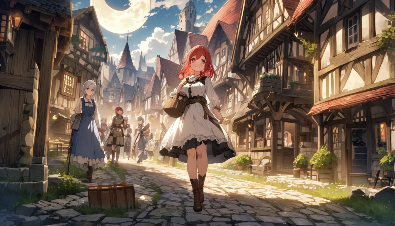 Girl on a crescent moon、Red Hair、Red eyes、Smile、Tears that see through、god秘的なNight view、Stand on tiptoes、One beautiful girl、A row of medieval buildings、Dilapidated building、Country living outfit、White attire、Golden rays、The rolling waves、There&#39;s a girl in the distance、Night view、Golden Yaksha、Dark Landscape、There is no one nearby、Silent streets、In the distance, a girl stands on her tiptoes above the water.。The girl&#39;s eyes are red、Her hair is red、A crescent moon floats in the night sky、flower々Blooming in profusion、月がflowerを照らして、god々Shii、