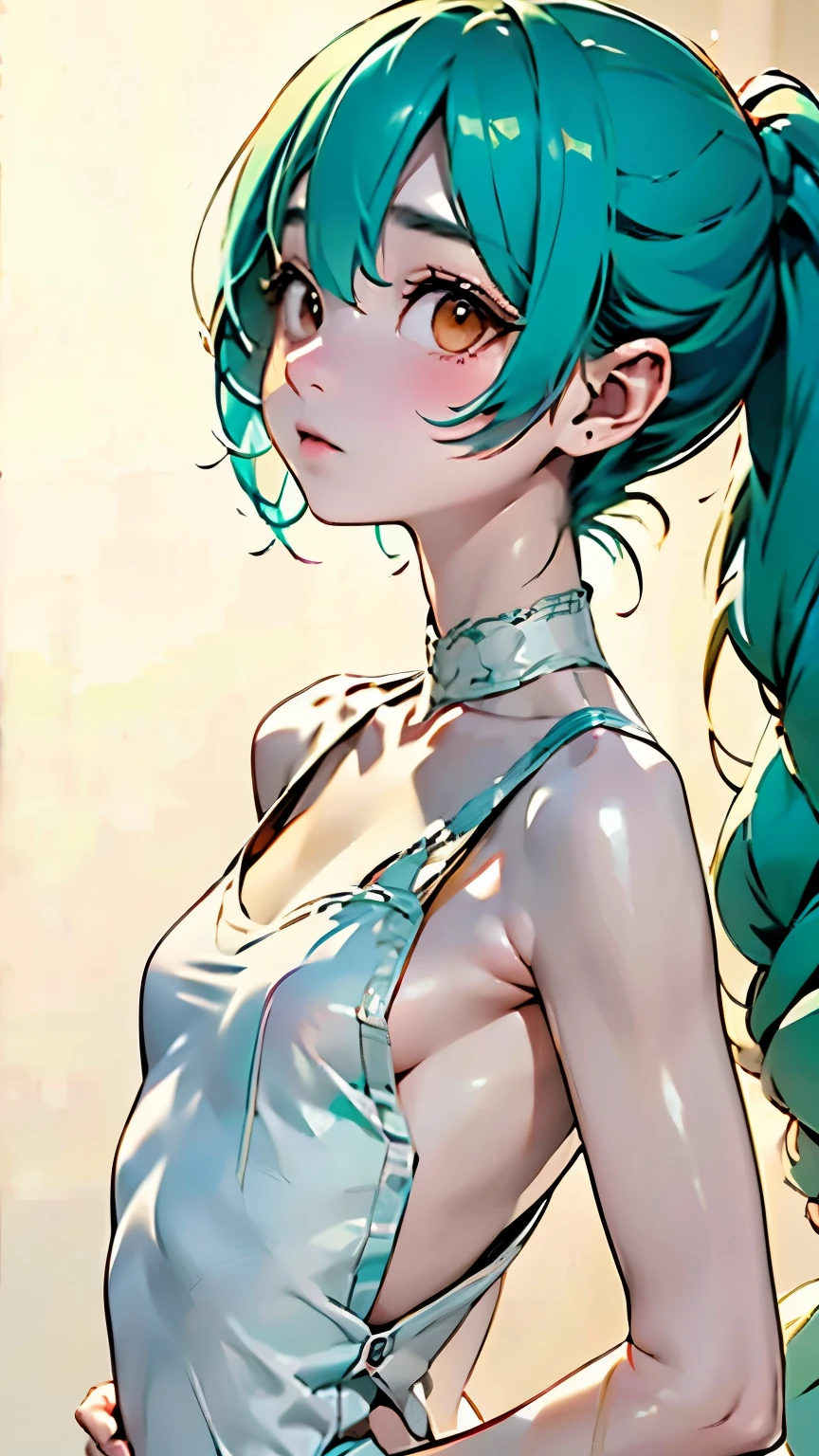 One Girl、Hatsune Miku Cosplay、anatomy、Accurate depiction of the human body、Upper body angle、、１４ability、Beautiful white skin、Cute Face、Small Nose、Fuller lips、Small orange eyes、Carefully drawn faces、Highly detailed skin、Natural skin texture、Your fingers are clean and delicate.、Small breasts、Small breasts、Fatigue、Detailed face、Dirty Hair、Standing、Random outfit、Random color shirts、Perfectly blurred background、