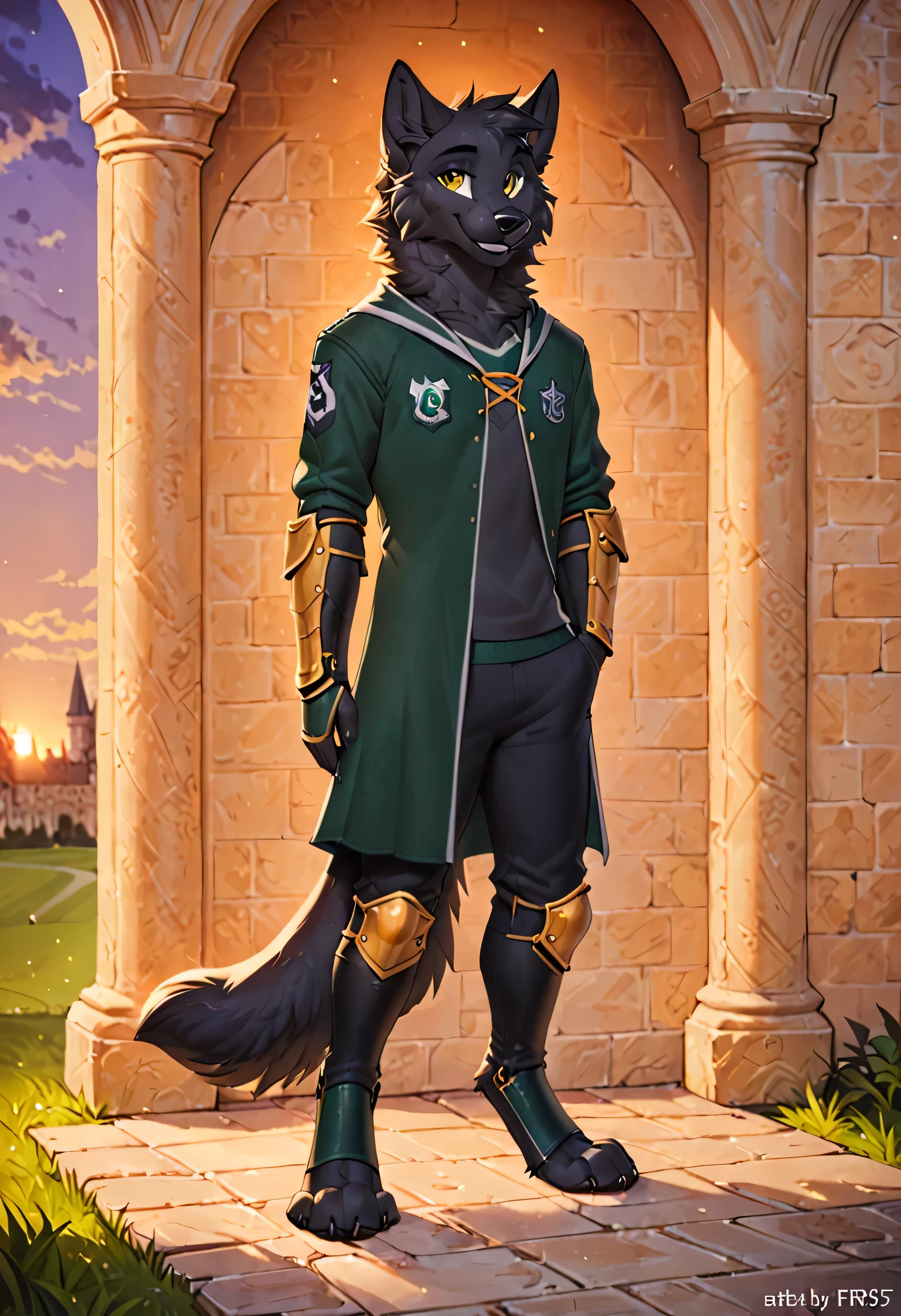 in the style of f-r95, in the style of zaush, in the style of binxxy, solo, (anthro), male, wolf, black fur, all black fur, digitigrade legs, paws, gold eyes, evening lighting, standing, posing for a picture, smiling at viewer, hogsks. hogwarts uniform, slytherin quidditch uniform, elbow protections, armor, riding pants, dark green robe