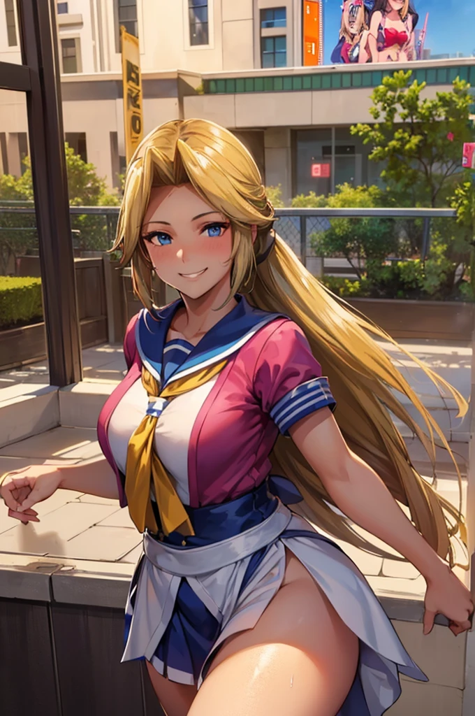 masterpiece, Highest quality, Very detailed, Ultra-high resolution, Idol Catalyst, One girl, alone, hair ornaments, Long blonde hair, Glossy Lips, Medium chest, Aqua Eye, ponytail, Yoga pants, A light smile, leotard, V-neck, Short sleeve