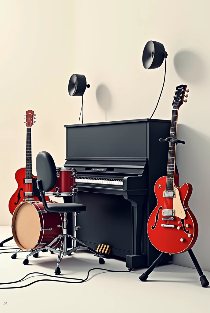 Creates an image of a guitar, a keyboard, a drum and a sacsophone