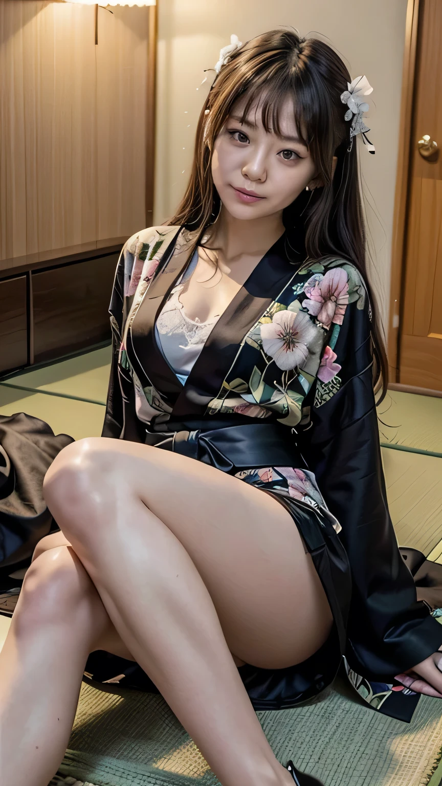 Woman lying on futon、(Black kimono with white floral pattern:1.3、Miniskirt kimono)、(Sitting in a Japanese house、Girl&#39;s Room)、(Squint your eyes and laugh、A big smile)、(Realistic、As shown in the picture、Live Action、8k, Realistic, RAW Photos, Best image quality: 1.4), SLR camera、RAW Photos, Best Quality, Realistic, Highly detailed CG Unity 8K wallpaper, Written boundary depth, Cinematic Light, Lens Flare, Ray Tracing, Realistic background、((White skin))、 ((whole body:1.5))、(Long black hair、Put your hair up)、I like that style、stylish、Very detailed、Pay attention to the details、Perfect outfit、Top view