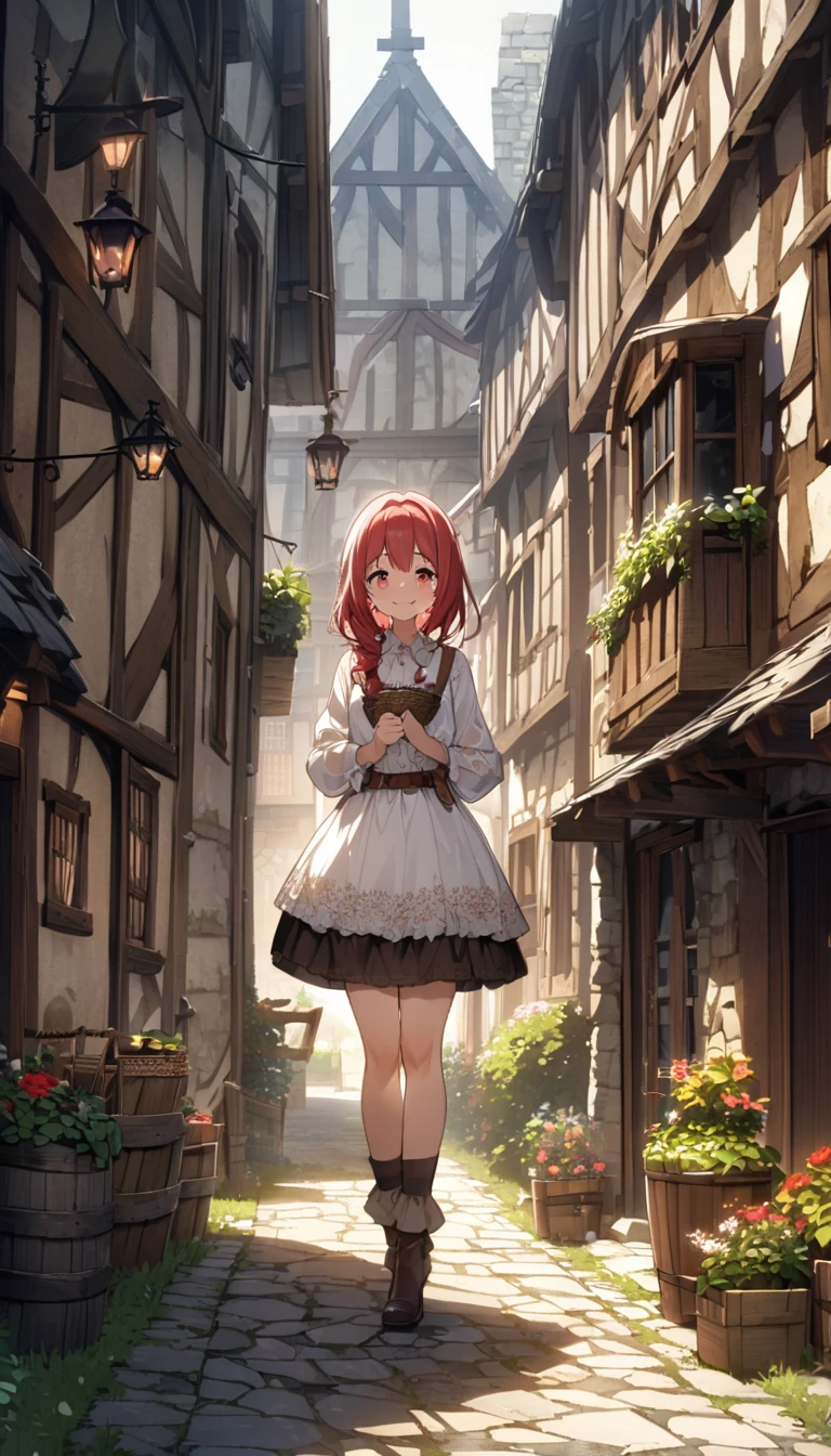 Girl on a crescent moon、Red Hair、Red eyes、Smile、Tears that see through、god秘的なNight view、Stand on tiptoes、One beautiful girl、A row of medieval buildings、Dilapidated building、Country living outfit、White attire、Golden rays、The rolling waves、There&#39;s a girl in the distance、Night view、Golden Yaksha、Dark Landscape、There is no one nearby、Silent streets、In the distance, a girl stands on her tiptoes above the water.。The girl&#39;s eyes are red、Her hair is red、A crescent moon floats in the night sky、flower々Blooming in profusion、月がflowerを照らして、god々Shii、