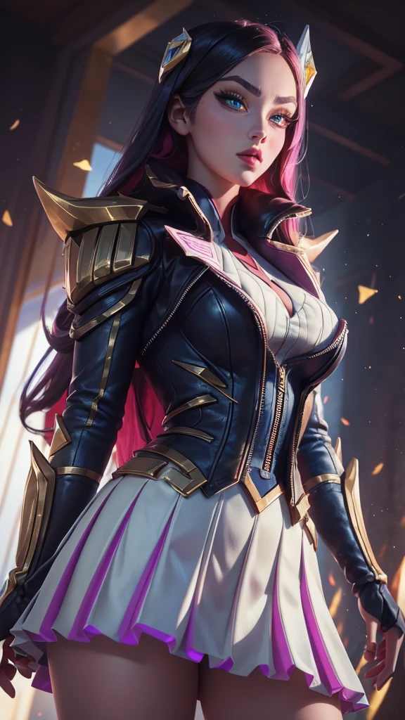 HeartthrobCaitlyn, \(league of legends\), (1girl), (solo), (Full body photo), (low angle shot), (masterpiece:1.0), (best quality:1.4), (ultra highres:1.2), (photorealistic:1.4), 8k resolution, absurdres, ultra detailed, sharp focus, (low light: 1.4), photorealistic, Beautiful face with symmetry, Gradient Eyes, Intense crystal light blue eyes, Intense highlighting of the eyes, Slightly bigger eyes, Double eyelids, lipgloss, Full lips, (Perfect Slim Body),pleated skirt, big ass, thick thighs, mid breasts, place school