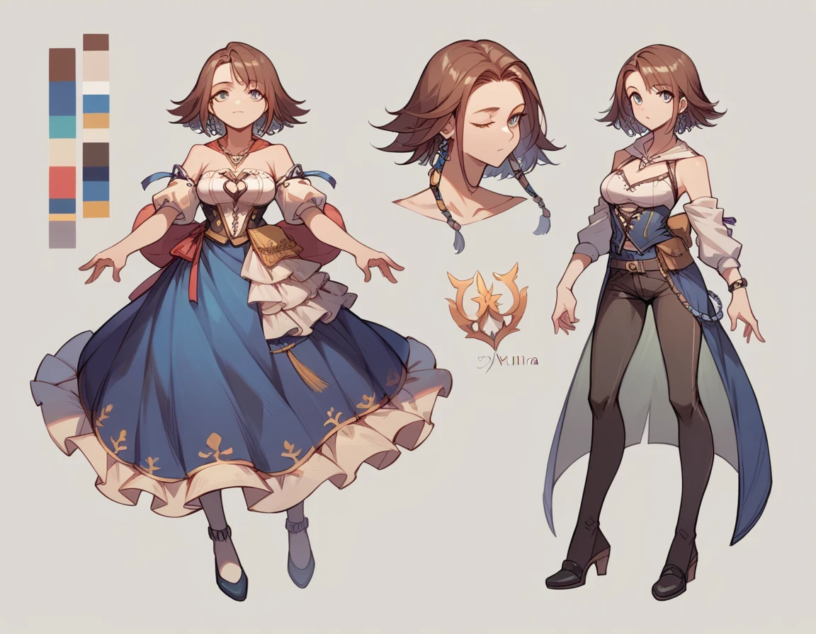 Best Quality,masterpiece,Ultra-high resolution,（One girl:1.3）Yuna in a bustier　 Character design sheet
