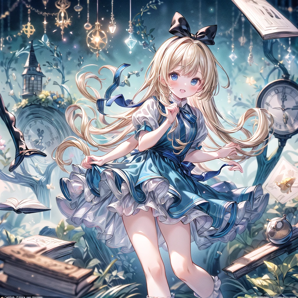 a beautiful 20 year old blonde woman with big messy hair in a blue dress, white stockings, black headband, cleavage, holding a glowing mushroom, fantasy art style, rossdraws cartoon vibrant, alice x. zhang, alice in wonderland cyberpunk, cute detailed digital art, colorfull digital fantasy art, digital fantasy art ), glossy digital painting, rossdraws pastel vibrant, rossdraws 2. 5, rossdraws 1. 0