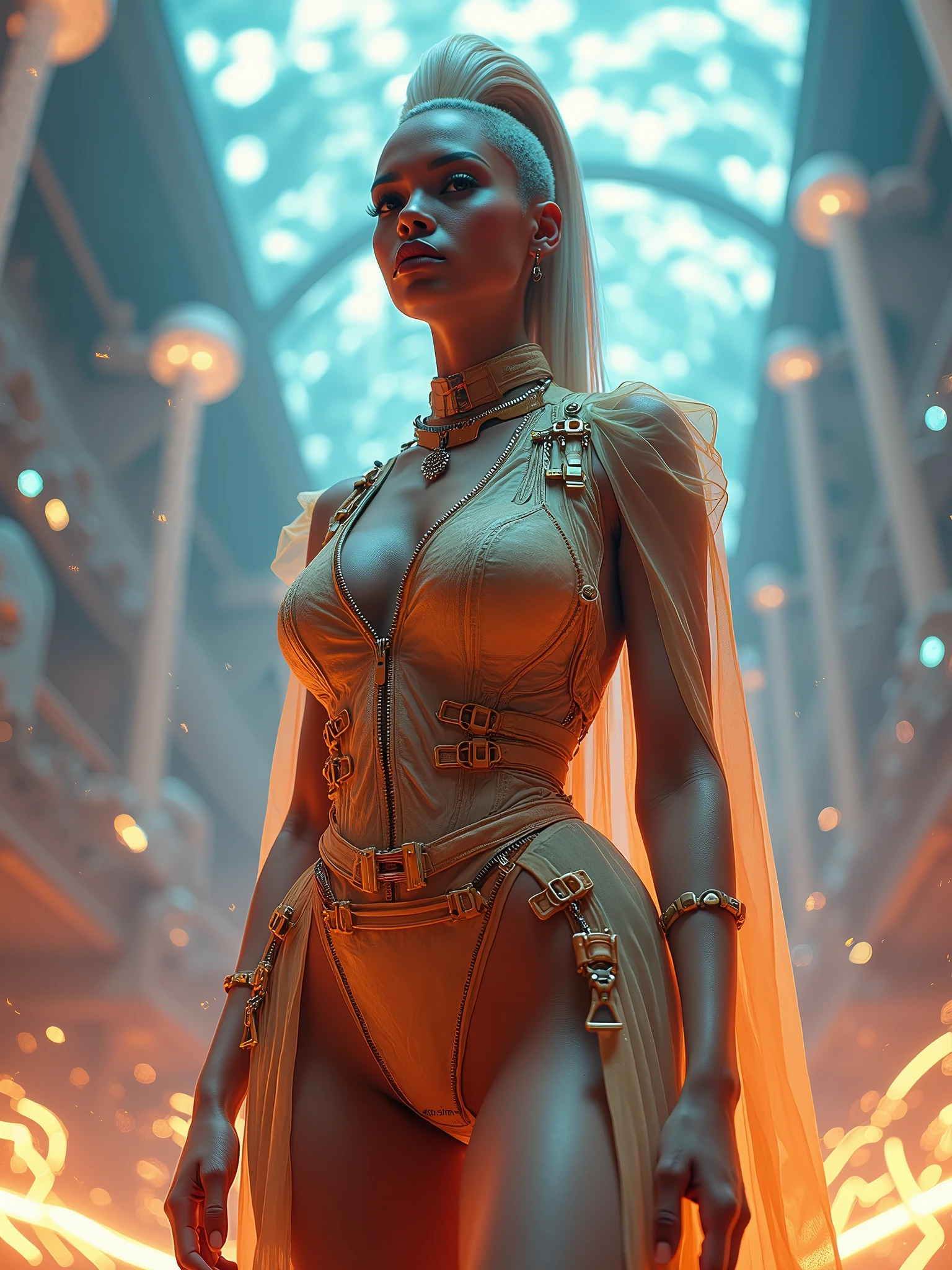 (((una mujer (((blanca, 35 year old))) en una ciudad futurista en caos, posando para una foto (((en una noche oscura y lluviosa))), (((NSFW))), en una pose muy Sexy, (((wearing a stunning transparent red robe at the waist))), Diosa blanca bronceada, Sexy Guerrera ciborguerrillera con cabello rubio platino muy brillante y largo, Cuerpo Sexy Caliente , (((Full body of Cinematic Goddess))) , apocalyptic style, Cuerpo Completo, Hermosa Mujer Blanca Bronceada con Ojos Azules Muy Claros e Intensos, Mujer Sexy, Cuerpo Perfecto, Cuerpo Bello, muy Voluptuosa y Tonificada, Pechos grandes y desnudos, topless, cuerpo y rostro, cuerpazo, vestida con micro bikini rojo transparente, hermoso torso, (((wearing futuristic silver gold jewelry made with alien technologies))), hermosa diosa guerrera.