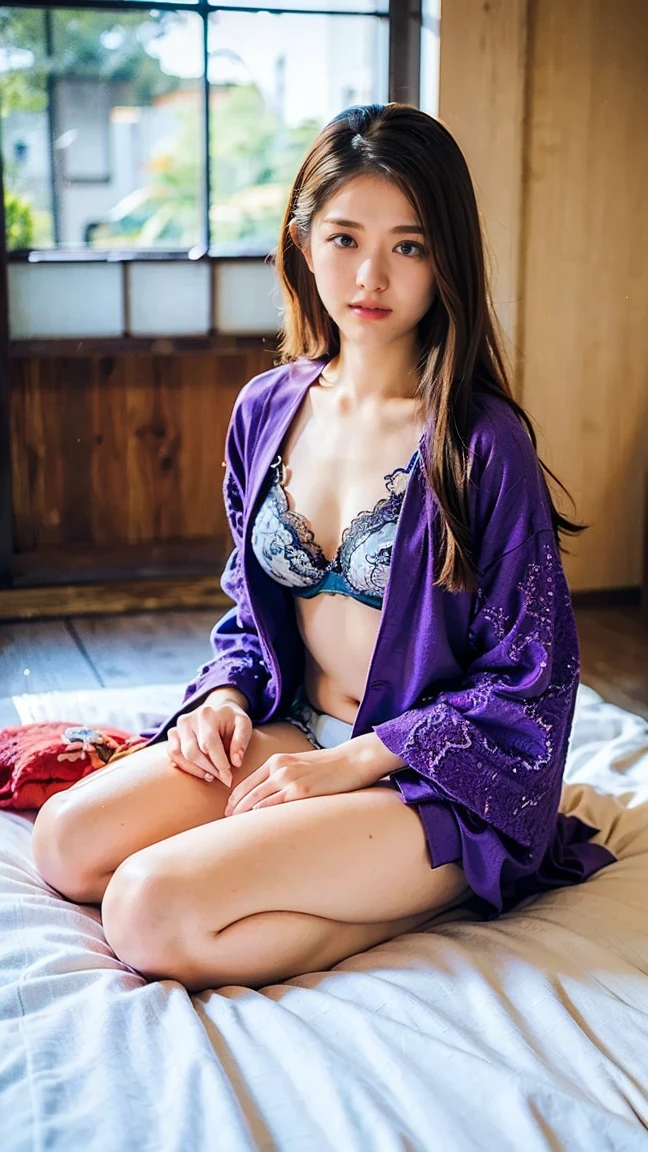 kneeling on a bed, long straight hair, wearing a patterned kimono, purple lace bra and panties, relaxed pose, looking down, indoor setting with traditional Japanese room decor, soft and warm lighting, casual atmosphere, front view, shallow depth of field, balanced exposure.