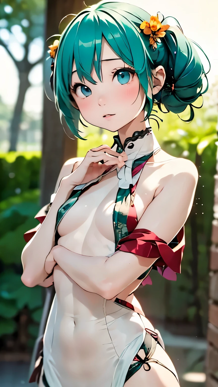 (Style Princess:0.8), Cat-eared Beautiful Girl, Small Tits, One Girl, ((Bikini Armor))Bikini, (Rich Green and Black and Red and Silver Hair), ((Temple)), Slim, (Elbow Gloves) Masterpiece, High Contrast, Ultra Detail, Best Quality, Ultra High Definition, High Definition, Details