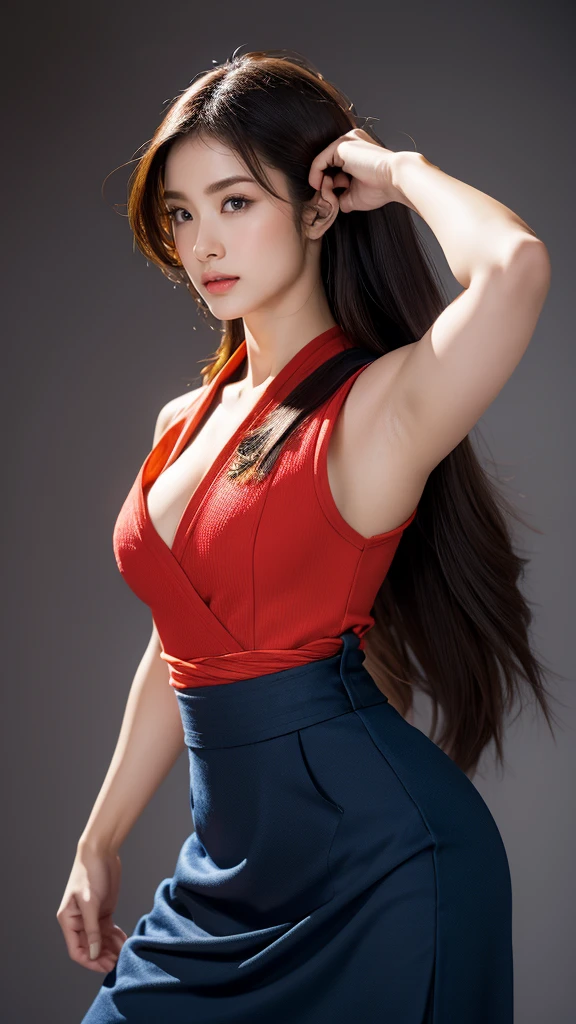 shiranui mai, brown eyes, long hair, brown hair, (red clothes:1.3),white ribbon, sleeveless, pony tail, waist belt, pelvic curtain, arm guard, mitt, o,plump breasts, fascinating expression, sexy eyes, huge breasts, laugh, cute, View viewer, long hair, (chest concentration:1.2), (realistic:1.2), (full shot: 1.2), (realism), (masterpiece:1.2), (best quality), (very detailed), (8k, 4K, convoluted), (85mm), light particles, light, (very detailed:1.2), (detailed face:1.2), (gradation), sfv, fancy, (detailed eyes:1.2), (boat: 1.2),(detailed background), (dynamic angle:1.2), (dynamic pose:1.2), (line of action:1.2), wide shot, .huge breasts,biggest,crowd,many people,cried,black fishnet stocking