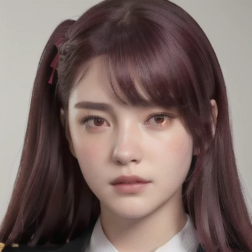 pretty young girl, Just looking at the viewer(realistic:1.4), (WA2K:1.0), red eyes, shirt, jacket, red tie, (burgundy hair color), Braid, A little angry (one side up:1.2), (hair band), (blush, ashamed), (detailed, ultra-detailed, high detailed, ultra realistic 8k CG, Perfect work of art, high quality), wooden table, flores, interior