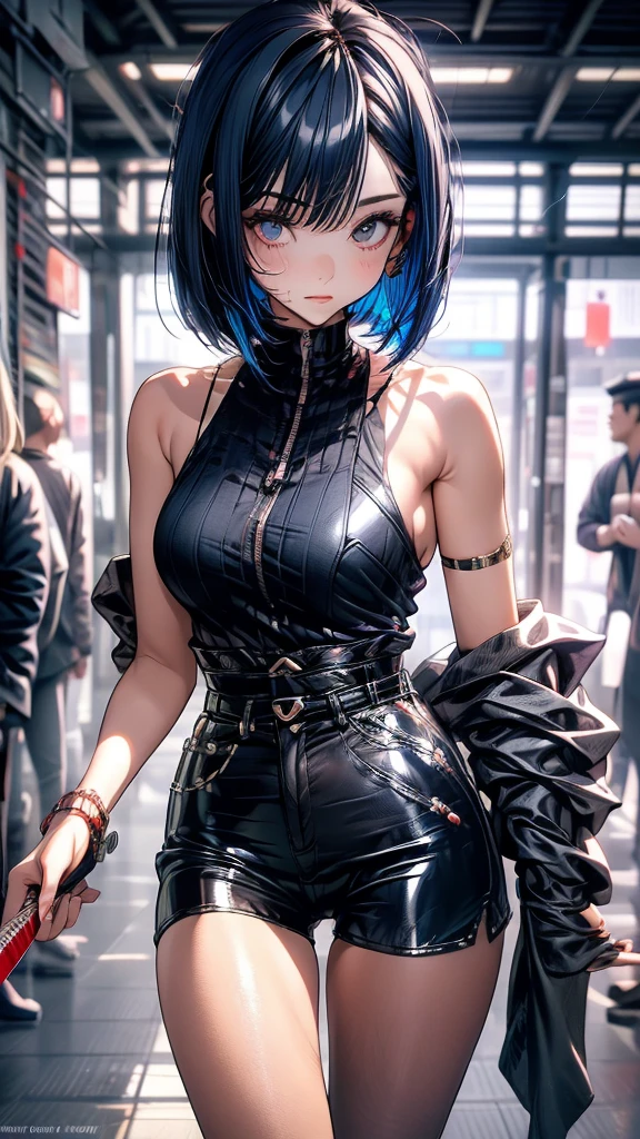 Grown-up girl, short white hair, heterohromia, blue and purple eyes, cat ears, smirk, tight blue top, shorts, tattoo, open belly, open breasts, Masterpiece, hiquality, 4k, HD, Good detail