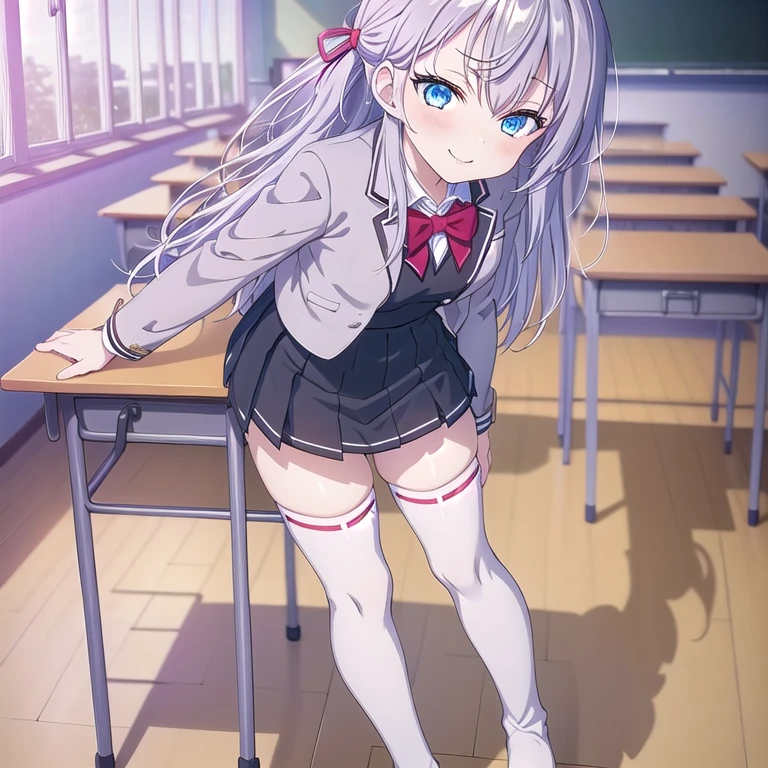 ((((full body shot)))),(masterpiece:1.2), Best Quality,((((High resolution)))), unity 8k wallpaper, (shape:0.8), ((((Highly detailed face)))), Perfect lighting, (((Extremely detailed CG))),One girl, Ahoge, bangs, black skirt, blazer, blue eyes, Red cheeks, chair, classroom, machine, Eyebrows visible through hair, Hair between the eyes, indoor, jacket, Long Hair, Long sleeve,, miniskirt, on machine, Open clothes, 口を開けるpleated skirt, school machine, , shirt, Silver Hair, skirt, Alone, ((((White thigh-high socks)))), Gray Hair, white jacket, (Black legwear), zettai ryouiki,((学校のclassroom)),((machineに座る)),((smile))