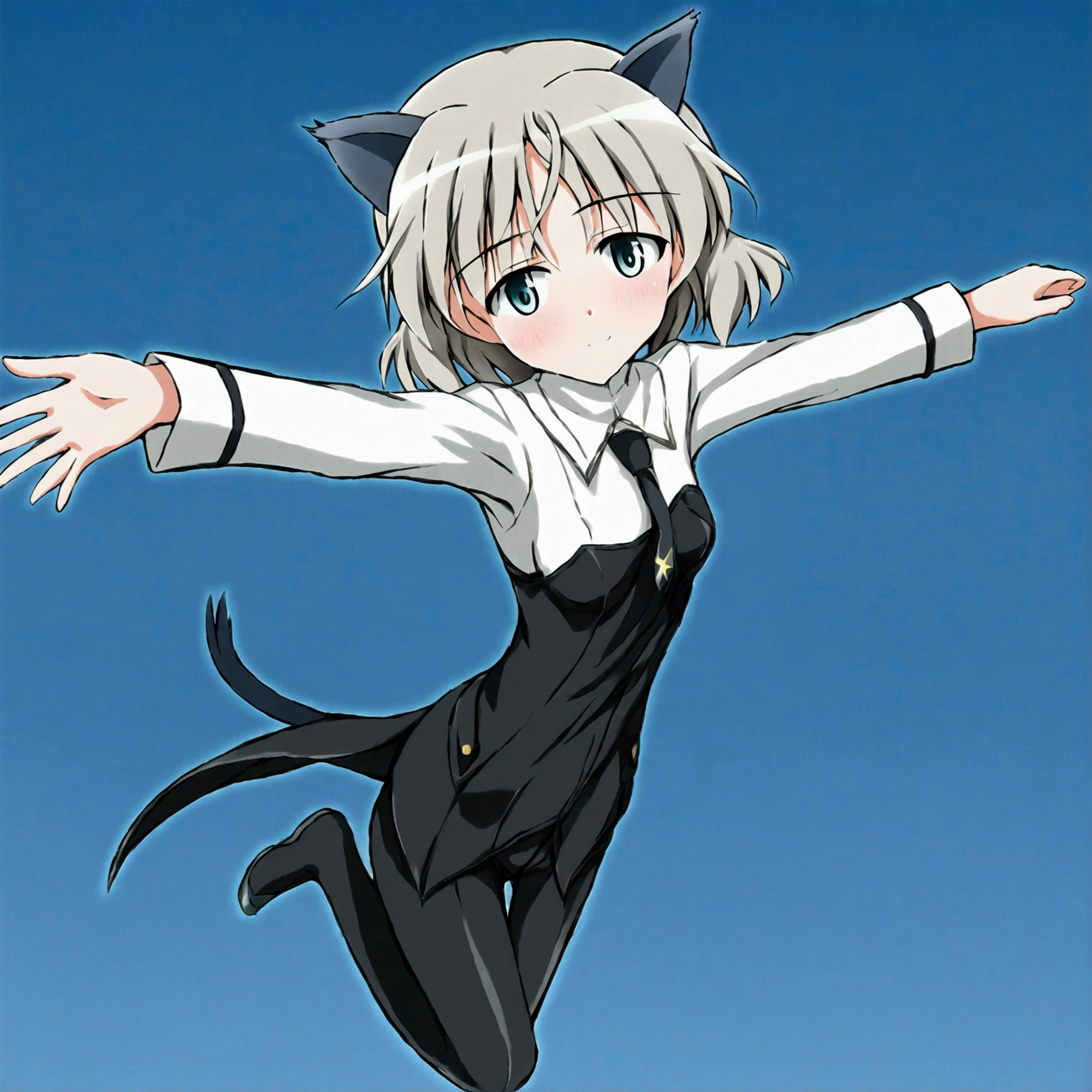 (8k, Best Quality, Anime Style, View your viewers, Intricate details:1.3),(One woman, Strike Witches Sanya, Possessing a firearm,Striker unit installed, In the air:1.6), (The whole body is visible, blue sky)