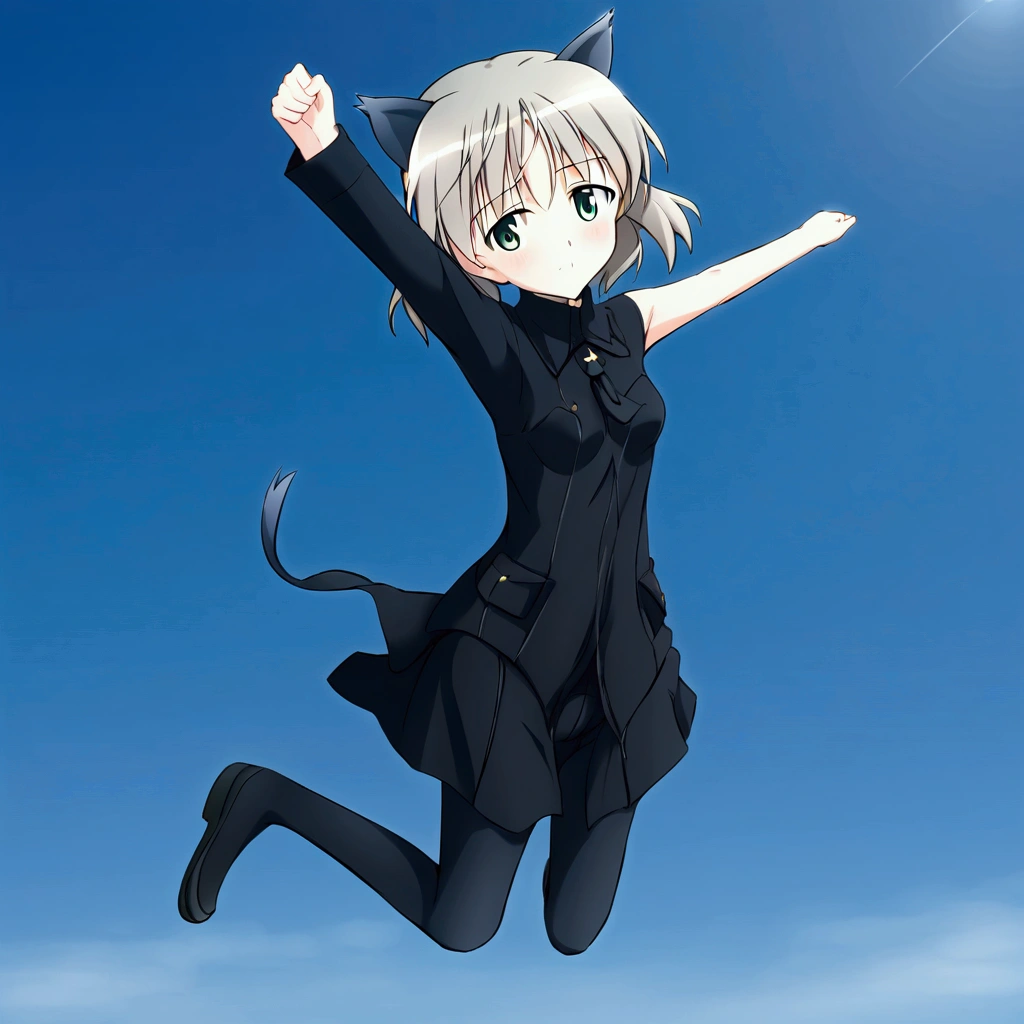 (8k, Best Quality, Anime Style, View your viewers, Intricate details:1.3),(One woman, Strike Witches Sanya, Possessing a firearm,Striker unit installed, In the air:1.6), (The whole body is visible, blue sky)