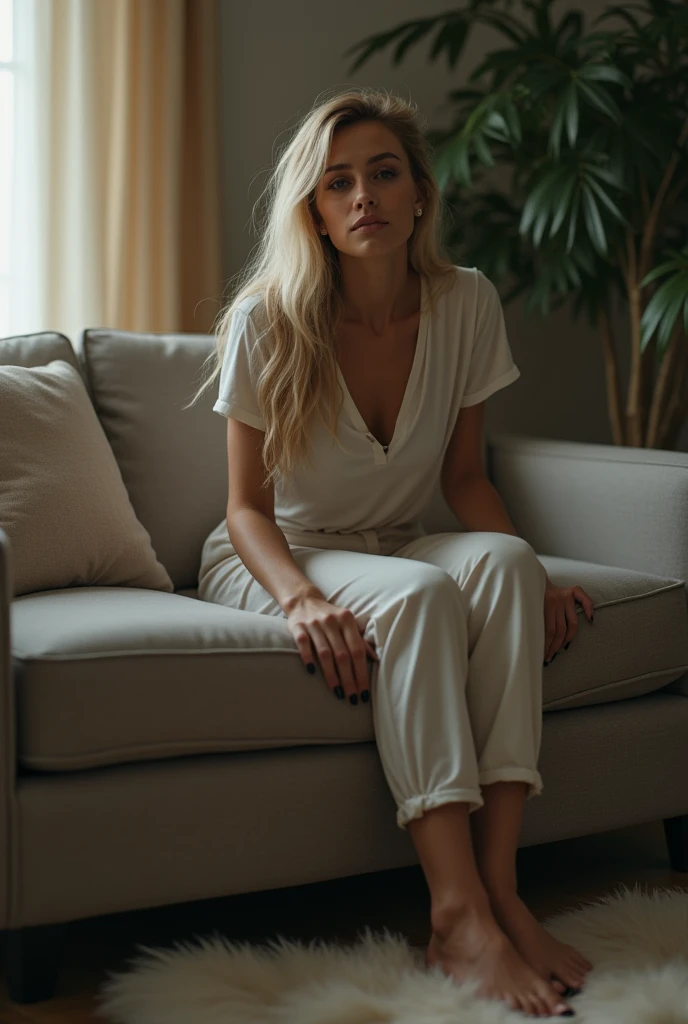 Photo realistic blonde girl wearing tight white v neck fuzzy knit sweater reclining on a sofa