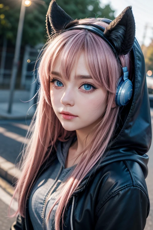 girl with headphones,pink hair blue eyes Cyberpunk,8K extremely detailed, smooth, high resolution, ultra quality, highly detailed eyes, highly detailed mouth, highly detailed face, perfect eyes, both eyes are equal, true light, brightness, iridescent, global lighting, real hair movement, real light, real shadow, real face, hd, 2k, 4k, 8k, 16k, realistic light,  realistic shadow, bright eyes, fluorescent eyes, soft light, dream light,anime, 3d, japan, pixar, masterpiece, best quality, half body, portrait, night city