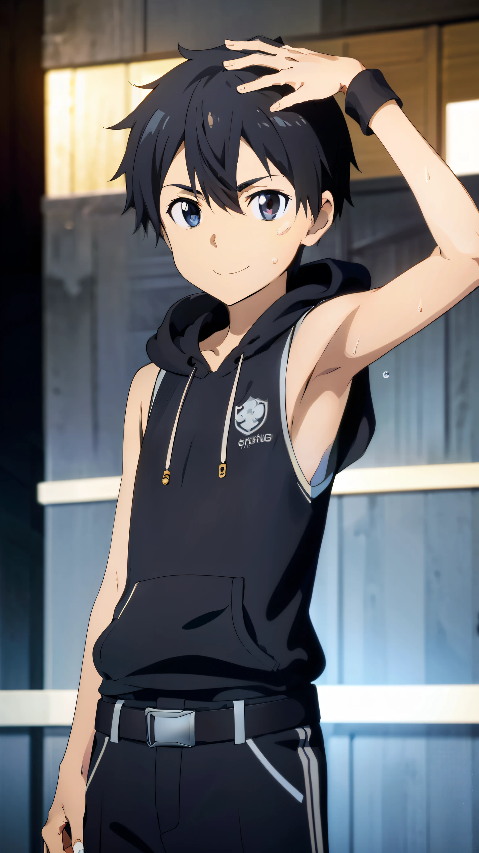 Highres, Masterpiece, Best quality at best,Best Quality,hight quality, hight detailed, Anime style, 1boy, Shota, young boy, kirito, solo, 1boy, smile, cyberpun citys, Sleeveless hoodie, upper body, belt, (very young boy), (very small and short body), smile, Blurry beckground, cute boy, Uhd, bokeh, sweat