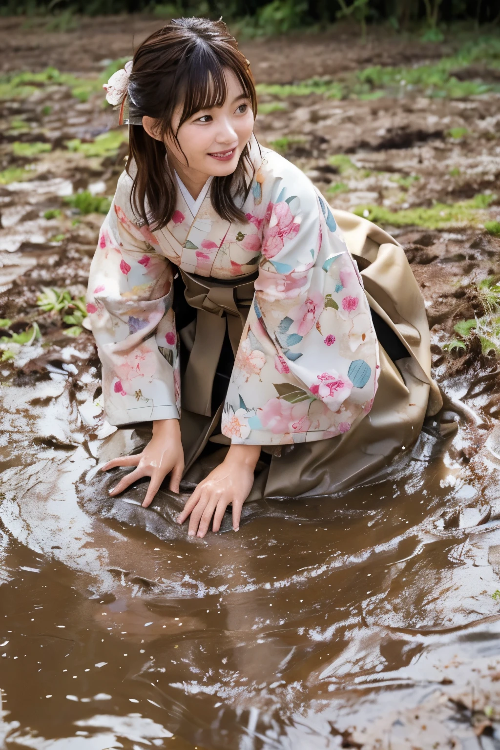 Realistic, hakama, Japanese clothing, woman, furisode, clothes that stick to the skin, muddy clothes, clothes stained with mud, immersed in muddy water, buried in mud, woman immersed in muddy water, clothes with mud all over the body, covered in mud, clothes with a wet texture, woman immersed in mud, clothes covered in mud, floral kimono,