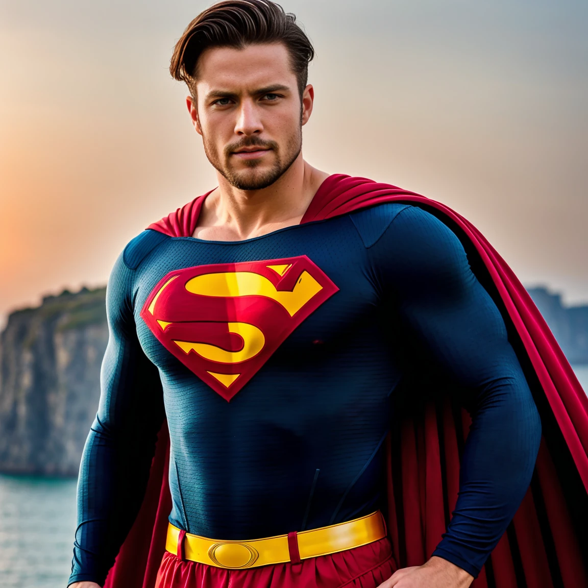 1man, A full body shot of a charismatic male fitness model, 30 years old，small beard, Sexy and charming expression，gloomy eyes，Blue eyes, captured in a cliffside dressed as a superhero, specifically resembling Superman, The superhero costume is predominantly dark blue with a textured pattern, with a prominent red and yellow 'S' emblem on his chest. The suit is form-fitting, highlighting his muscular build. A red cape falls behind his shoulders, and he wears red boots, golden hour lighting, cinematic and moody, (best quality,4k,8k,highres,masterpiece:1.2),ultra-detailed,(realistic,photorealistic,photo-realistic:1.37),HDR,studio lighting,professional,vivid colors,dramatic lighting