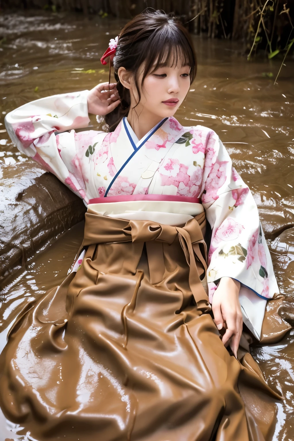 Realistic, hakama, Japanese clothing, woman, furisode, clothes that stick to the skin, muddy clothes, clothes stained with mud, immersed in muddy water, buried in mud, woman immersed in muddy water, clothes with mud all over the body, woman bathed in mud, covered in mud, clothes with a wet texture, woman immersed in mud, clothes covered in mud, floral kimono, lying down,