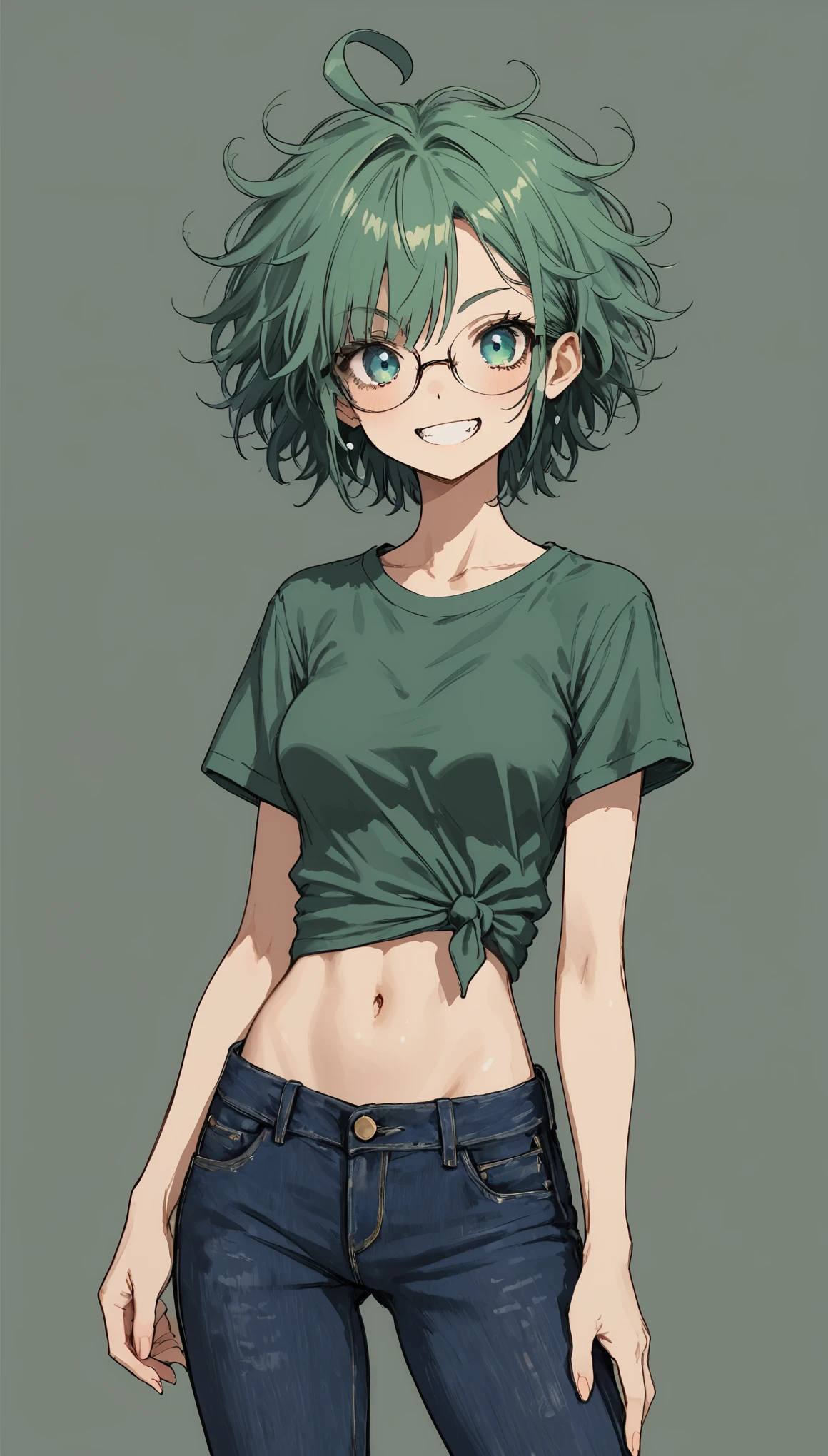 Masterpiece, best quality, 1girl, solo, 2, adult, teal and green hair, messy hair, asymmetrical hair, ahoge, very short hair, aqua eyes, medium breasts,  toned, 167cm, pale skin, glasses, grin, olive green shirt, jeans, midriff peek,