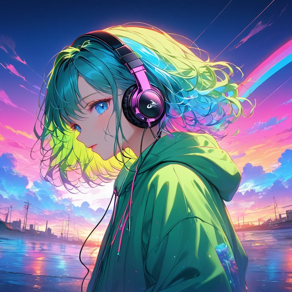 Neon Art,Neon Color Theme,Near future,Neon Sunset,Put on headphones,Green hoodie,Neon Rainbow,blue eyes,masterpiece,Best Quality,Exquisite,8k,Absurd,Ultra-fine illustrations,front