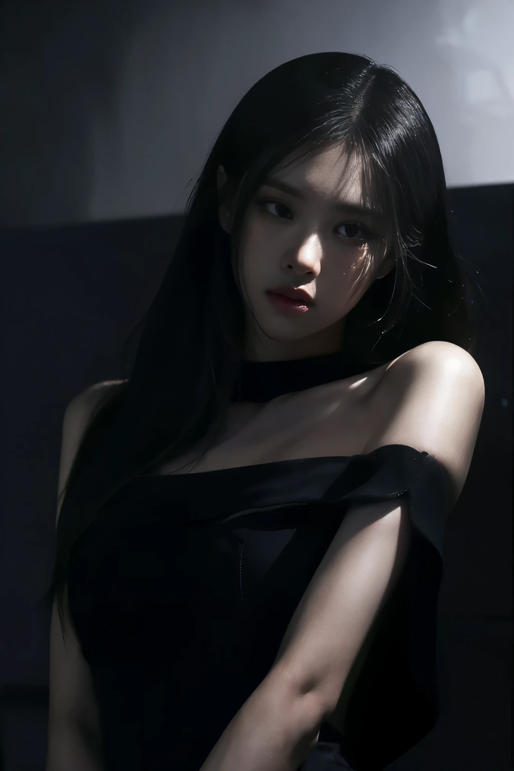 realista, 1Menina, cabelo preto, Cabelo Ondulado Longo, Olhos Violeta, olhar sombrios, jaqueta de couro, fantasia, Cemetery at night in the background, Serious expression, mid breasts, Crescer, sardas em todo corpo, boca fechada