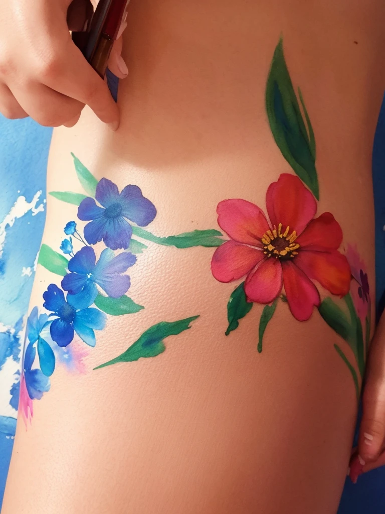 closeup crotch , girl , sloppy flower watercolor bodypaint , melting paint of watercolor bodypaint , Draw flowers on the genitals