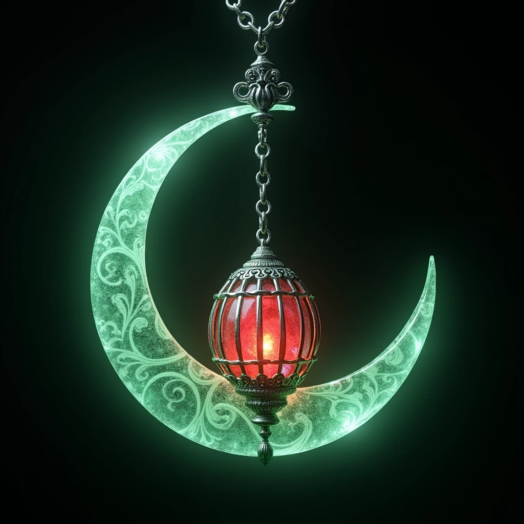 This is an enchanting crescent moon necklace, featuring a glowing, luminescent design. The crescent moon pendant is large and dominates the design, curving gracefully with a delicate filigree pattern that adds intricate detail to its surface. The crescent has a soft, radiant Red glow that emanates from within, creating a magical and otherworldly effect. Hanging from the inside of the crescent moon is a small, spherical crystal or orb, encased in an ornate, silver metal cage. The orb also emits a faint Red glow, harmonizing with the light of the crescent moon. The metal cage surrounding the orb is intricately designed, with delicate swirls and loops that add a touch of elegance and complexity. The pendant is attached to a fine, silver chain that complements the overall design. The chain is simple and unobtrusive, allowing the focus to remain on the glowing crescent moon and orb pendant. The overall aesthetic of the necklace is mystical and celestial, perfect for someone who appreciates unique, fantasy-inspired jewelry with a touch of magic.