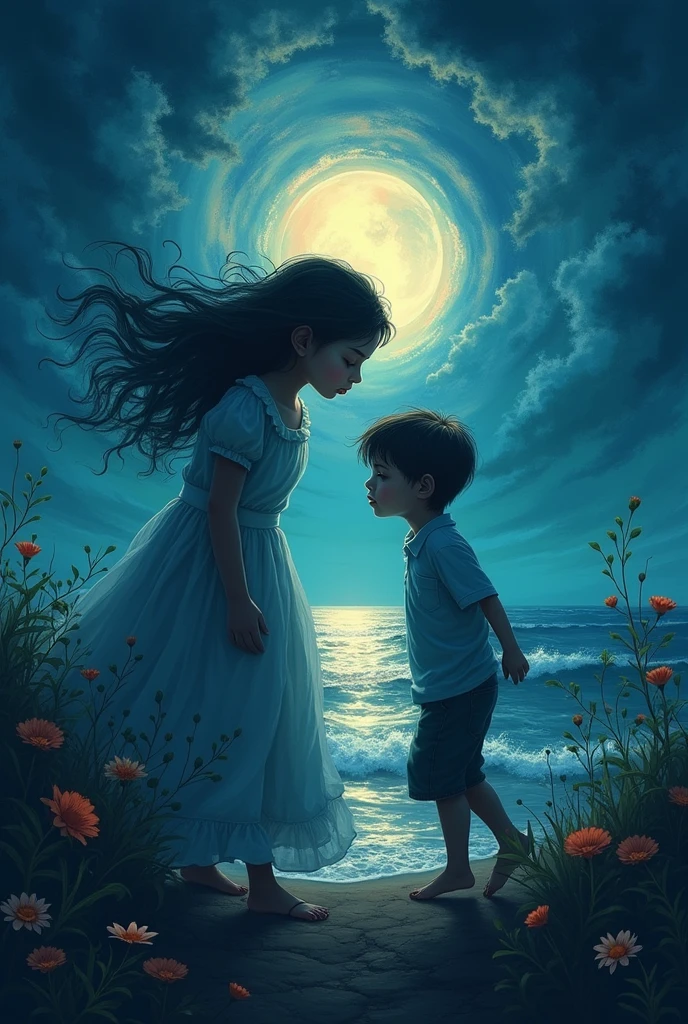 The boy is wearing a white suit or the girl is wearing a white frock, you are on the shore of the river and in the middle of the sea a big ⛵boat the wind is moving fast and there is sand and the boy is having a flower in the hand of a rose and both of them are dance and the midnight. . It is raining heavily and there are moon and stars in the sky
