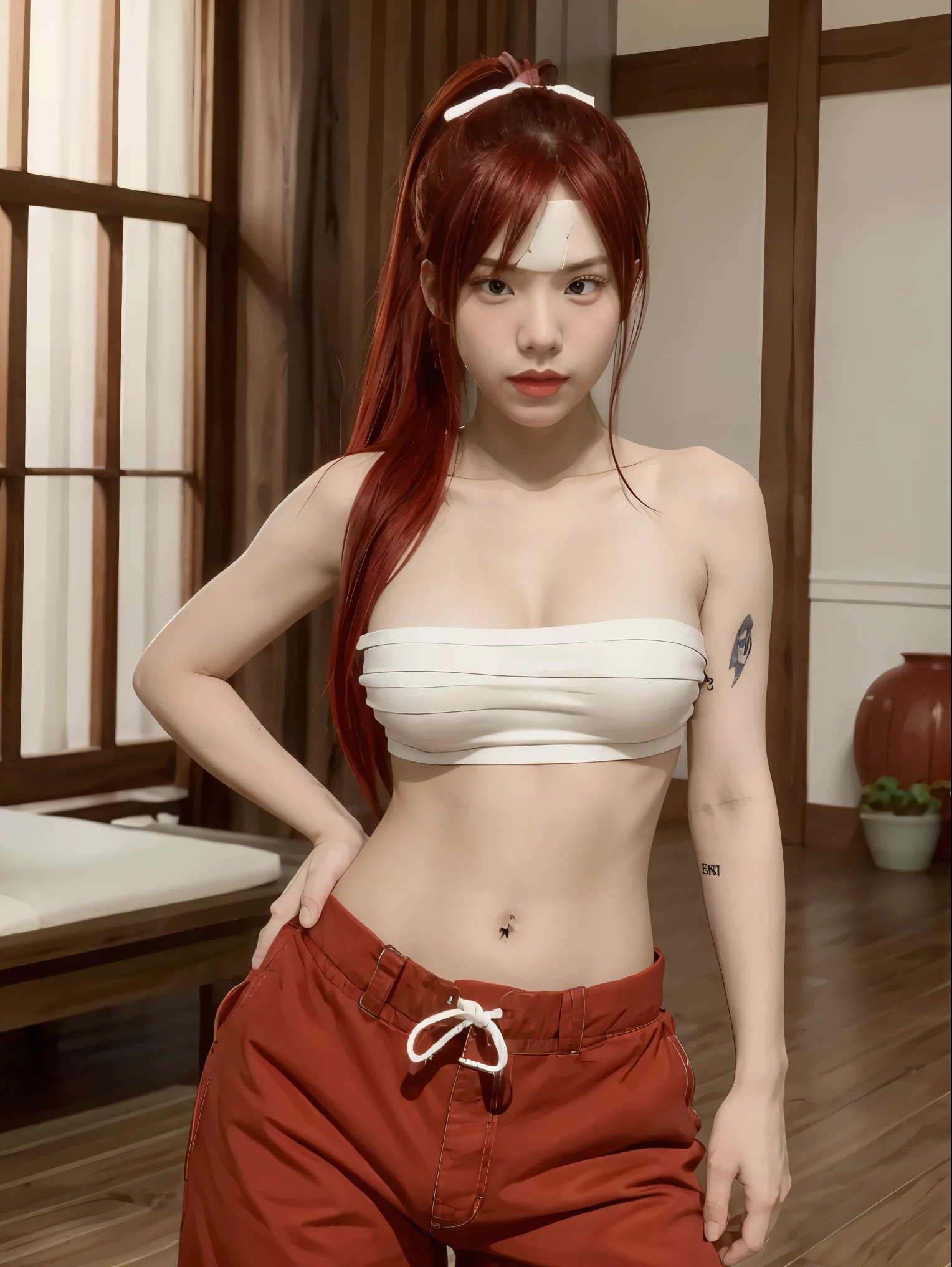 masterpiece, best quality, highres, fairy tail, 1girl, long hair, red hair, ponytail, white ribbon, hair over one eye, brown eyes, large breasts, collarbone, chest sarashi, bandage, bare arms, midriff, red hakama, red pants, cowboy shot, indoors, standing,