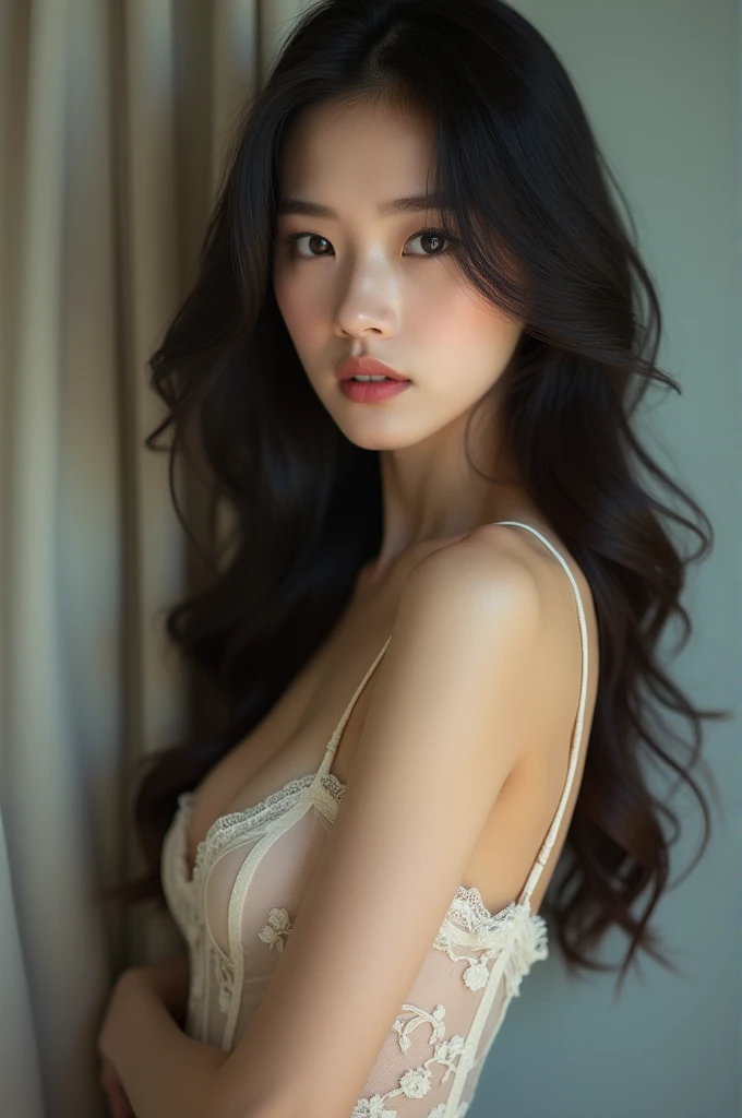 I want a beautiful girl with long black hair and tall with white skin painting a painting in her room