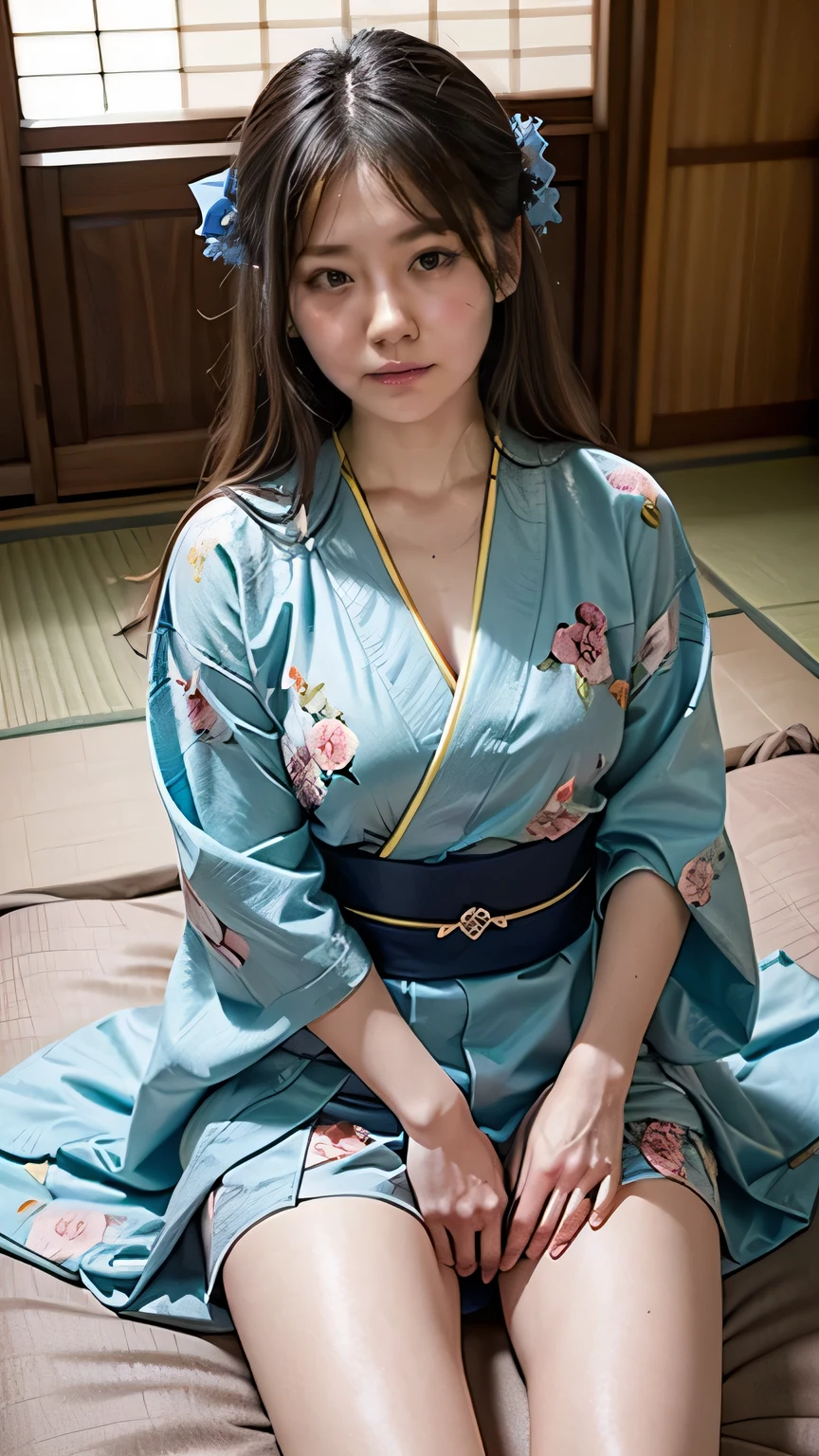 Woman lying on futon、(Light blue kimono with blue floral pattern:1.3、Miniskirt kimono)、(Sitting in a Japanese house、Girl&#39;s Room)、(Squint your eyes and laugh、A big smile)、(Realistic、As shown in the picture、Live Action、8k, Realistic, RAW Photos, Best image quality: 1.4), SLR camera、RAW Photos, Best Quality, Realistic, Highly detailed CG Unity 8k wallpaper, Written boundary depth, Cinematic Light, Lens Flare, Ray Tracing, Realistic background、((White skin))、 ((whole body:1.5))、(Long black hair、Put your hair up)、I like that style、stylish、Very detailed、Pay attention to the details、Perfect outfit、Top view