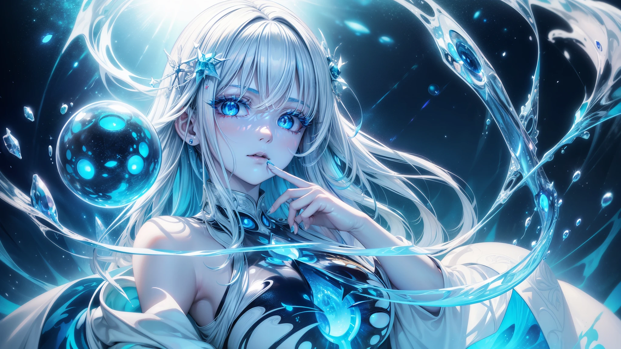 a beautiful slime girl, high quality detailed portrait, extremely detailed face and eyes, beautiful long eyelashes, wet translucent skin, glowing iridescent slime body, flowing transparent liquid slime, ethereal and otherworldly, glowing bioluminescent highlights, serene and mysterious expression, dramatic lighting, cinematic composition, hyper realistic, 8k, award winning digital art