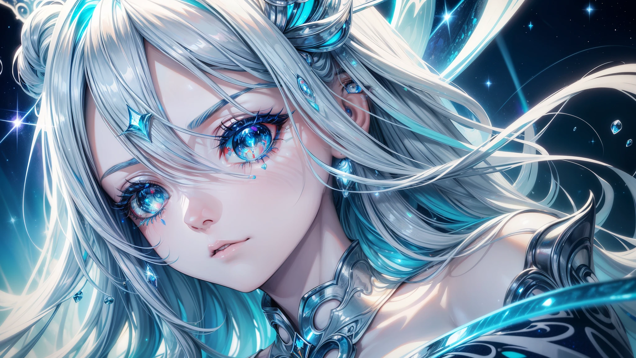 a beautiful young woman, blue eyes, blue hair, blue jumpsuit, headphones, full body, detailed portrait, masterpiece, photorealistic, intricate details, vibrant colors, glowing skin, dreamlike, serene expression, soft lighting, ethereal, whimsical, elegant