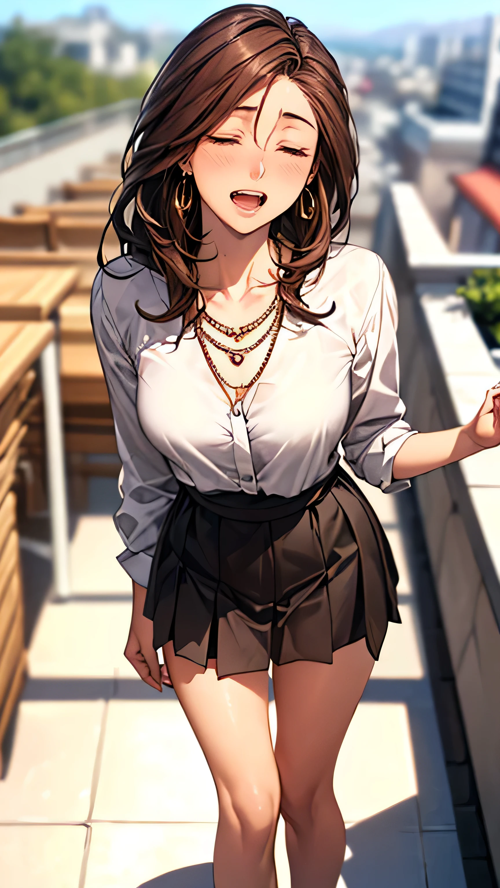 ((Tabletop, Highest quality, High resolution, , Pixel Perfect, 4K,))), 1 female, 、The whole body is visible、 ((Long Wavy Hair, bangs, Brown Hair)), ((Brown eyes, Beautiful eyelashes, Realistic eyes)), ((Detailed face, Blushing:1.2)), ((Smooth texture:0.75, Realistic texture:0.65, Realistic:1.1, Anime CG Style)), Medium sized breasts, Dynamic Angle, Perfect body, (( , , Beautiful Priest、、 Priest off-shoulder jacket、Priest Flare Skirt、、)), Gold Hair Ornament、Cross Necklace、Earrings、Very embarrassing panic smile, 、Gorgeous church basilica、、Hold a big Bible、Leaning forward、Stick your butt out、Lacy pink bra、、、、、 、Angle from below)、