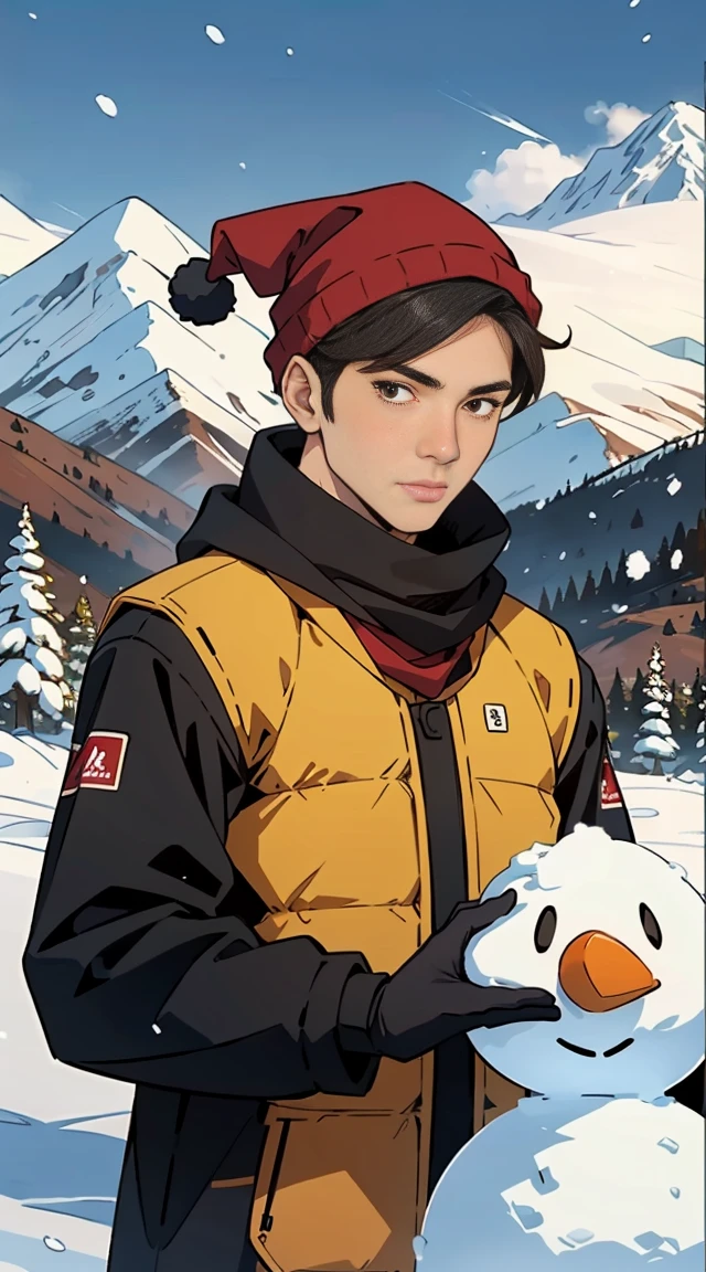 Draw a guy in a red winter outfit, black scarf, slightly yellowed hat, next to a snowman, behind him a mountain of snow 