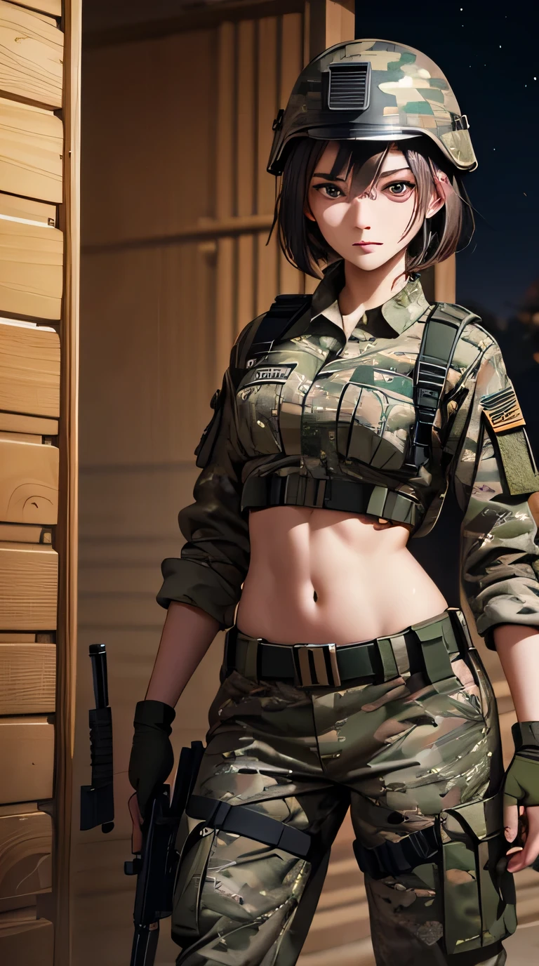 Woman in white holding a rifle and wearing headphones, 24 year old woman,  young soldier, mechanized young soldier, Military Girl, beautiful female soldier, Female lead character, Military Girlราบ, Girl's sniper at war, solo female character, Future combat equipment, Half-body close-up, Woman wearing military bulletproof crop top, Show navel, Wear tactical equipment, Wear tactical armor.,