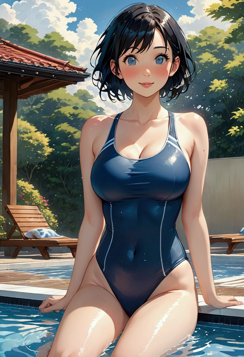 ｟Night Pool｠、chee、in poolside、（Dynamic pose Agidare pose、Body twisting pose、masutepiece, Best Quality, finely detail, hight resolution, in 8K, Perfect dynamic composition, Beautiful detailed eyes, ｟Competitive swimsuit｠,（huge udder:1.3）、 Natural Color Lip, Bold sexy poses,huge smile,20 years girl、Cute、(​masterpiece、top-quality) 、For clear images、absolutely outstanding image, very extremely beautiful、​masterpiece, top-quality,a picture, kawaii、(Colossal tits:1.2)、((20 year old woman:1.2))、Young adorable Japan face, dewy skin,,Soft portrait shots,in 8K,Japan girl realistic young idol、Young cute gravure idol、Young gravure idols、Young gravure idols in Japan、bob cuts、