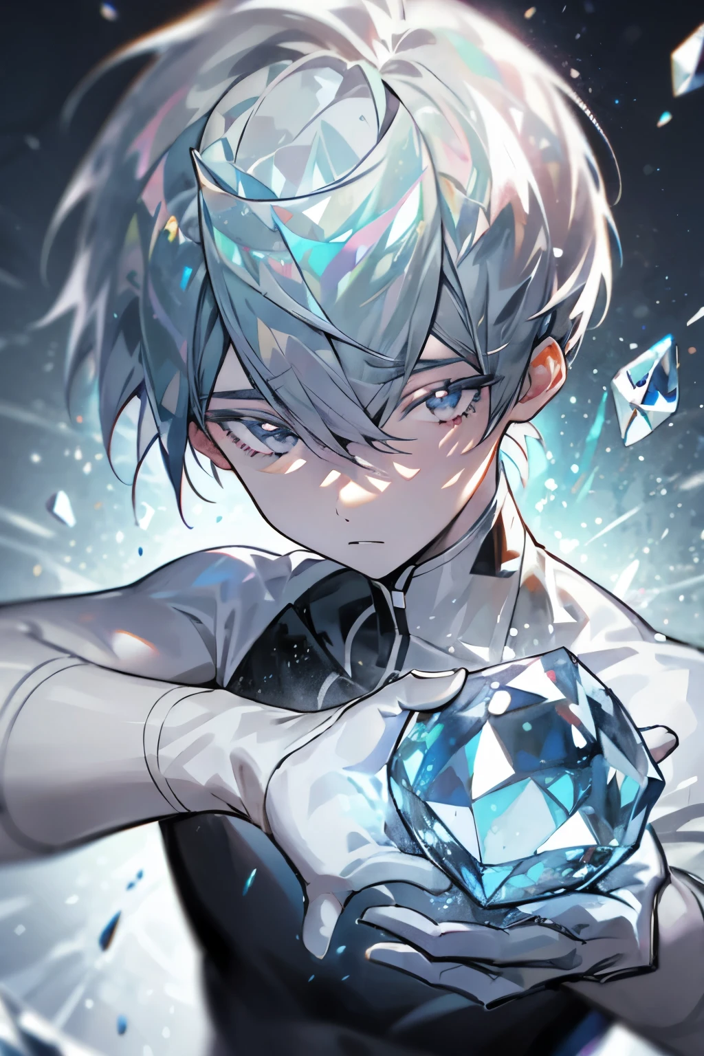 Male, gray straight short hair crystalline but elastic, gray eyes