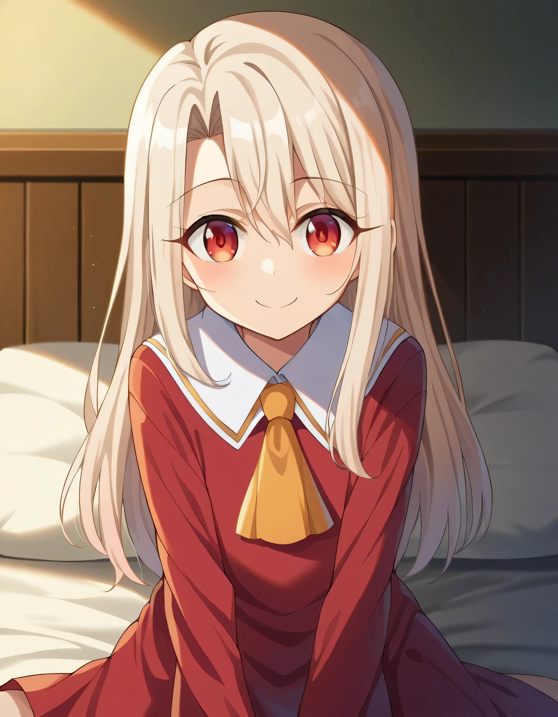 score_9、score_8_up、source_anime、One girl、illyasvielvoneinzbern、Illyasviel von Einzbern、Long Hair、Red eyes、White Hair、shirt、Long sleeve、Ascot、(紫のshirt)、Viewer、smile、(Japanese style room),Oranges in a basket on top of a kotatsu、((Shoji screen behind))、(A girl is relaxing and warming up in a kotatsu)、In front is a kotatsu, a girl and a shoji screen,