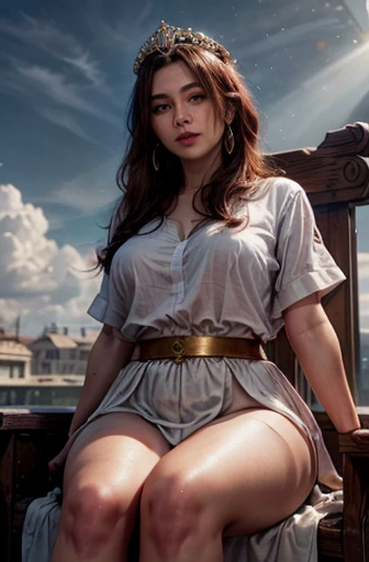 Cowboy shot, anatomically correct, highres, high detail, frontal plane. Predominant colors: white, golden, blue. Background: An imposing marble throne floating above the clouds in the sky during a sunny day, god rays. Sitting majestically on the throne, a curvy Spanish woman in her forties, dressed in a sexy Greek toga, short wavy brown hair, golden glowing eyes, golden leaves tiara, golden earrings, blushed face, parted lips, seductive smile.