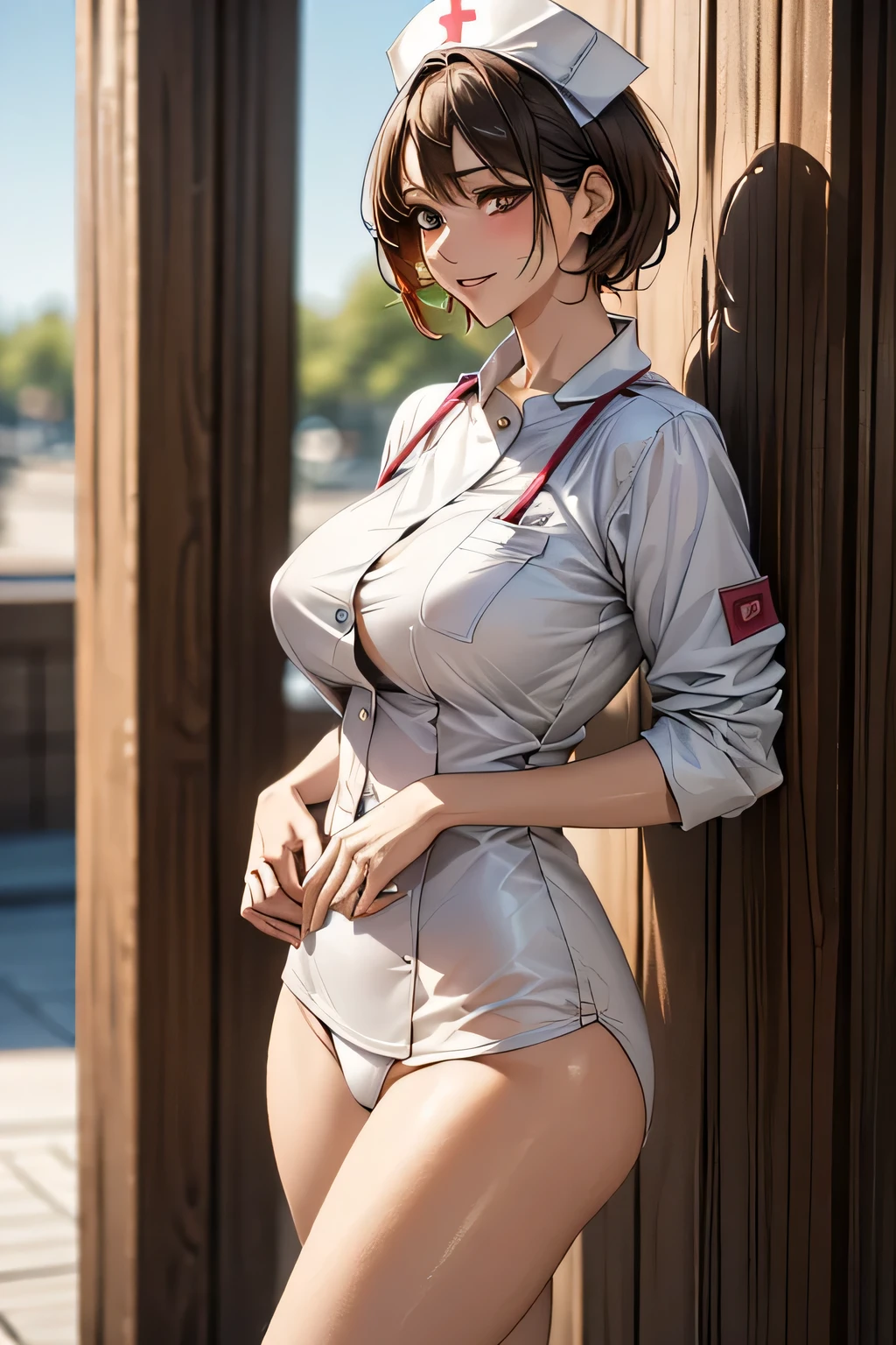 ((1 female, 40 years old)), ((Sexy nurse uniform)), masterpiece, (From below), ((Big Breasts)), (Squat), (Big Hips), (Sexy pose), (Very tanned and shiny skin),  (Skin dents), photoRealistic, Realistic, Alone, photoRealistic, Best Quality, Ultra-high resolution, Yura S, Outdoor, colorful, I parted my lips, Daytime setting, beautiful, masterpiece, Best Quality, Very detailedな顔, perfect lighting, Ultra-high resolution, Very detailed 