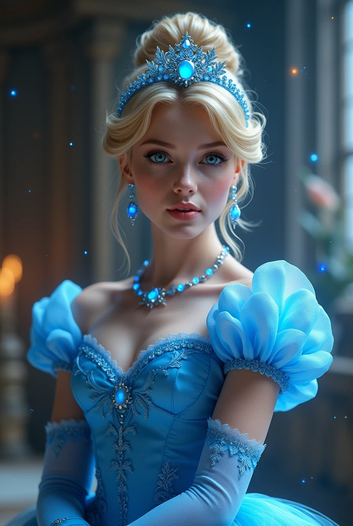 (best quality,ultra-detailed,photorealistic),princess,blue dress,detailed blue eyes,beautiful lips,cleavage,royal background,sparkling tiara,flowing hair,
fine jewelry,elaborate lace patterns,soft and radiant skin,vibrant colors,elegant posture,graceful movements,enchanted garden,fluttering butterflies,majestic castle in the distance,glowing sunlight,surreal ambiance ((white skin))