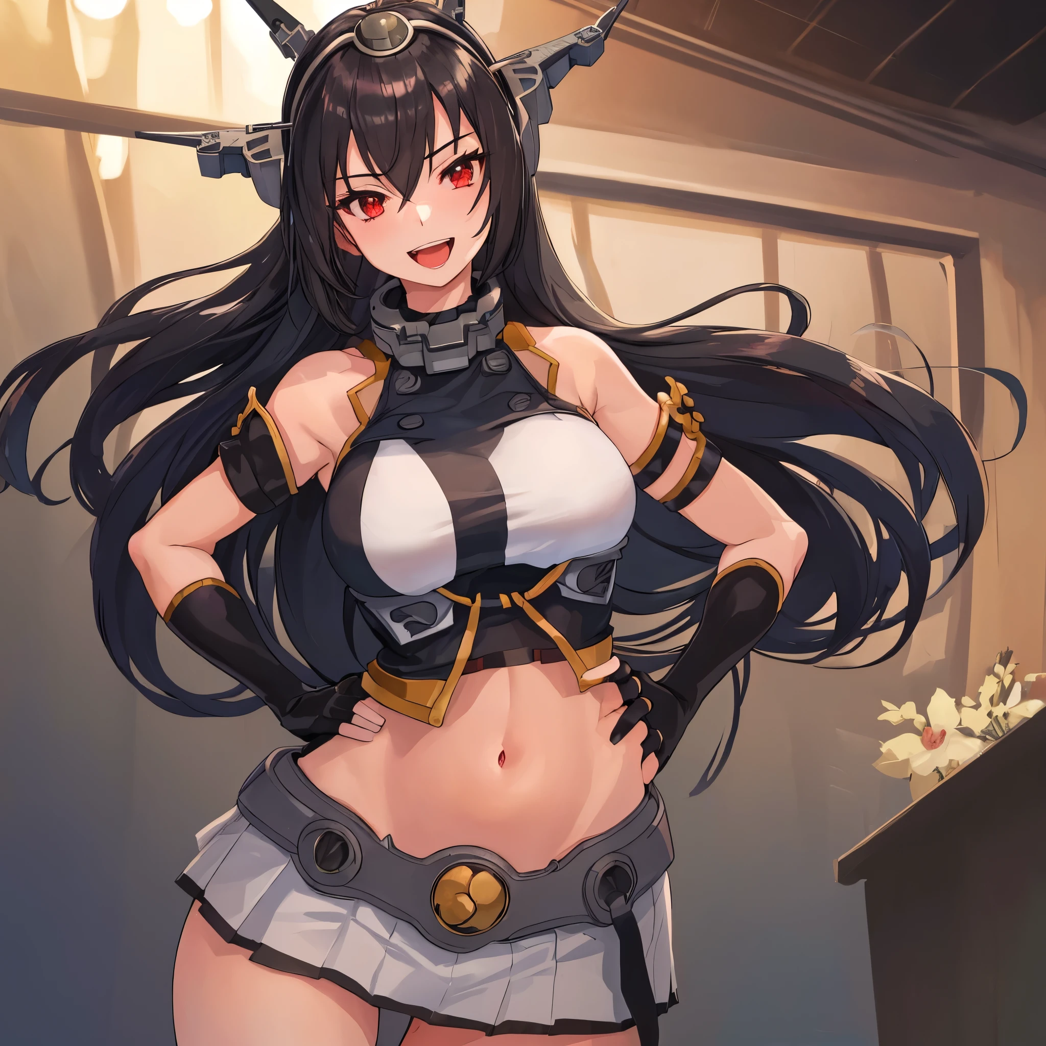 Best Quality, masterpiece, High resolution, Alone,  black_hair, length_hair, red_eye,saggy chest, hair_between_eye, headgear, big_chest, smile, One girl, Naked_shoulder,Mini skirt elbow_Gloves, Gloves, hairband, Fingerless_Gloves, look_in_Viewers, navel, ほっぺがredくなる, abdomen,indoor,Hands on hips,Wide hips with open mouth,Mature Woman