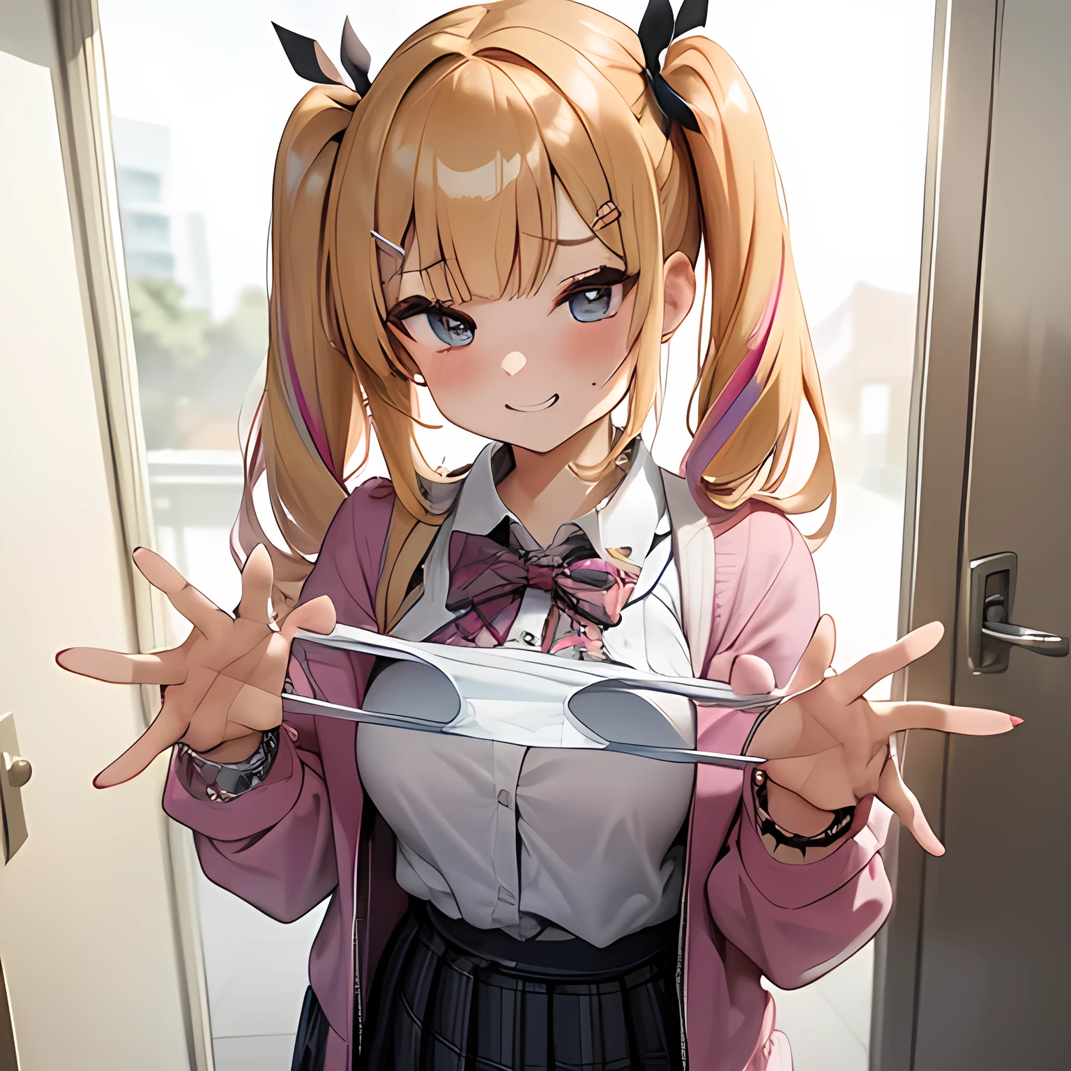 1girl,
Laundry room, laundry bascket, a few underwears are in a laundry bascket,
blonde hair, {{{half twin tail:1.3}}}、BREAK,gyaru, shirt, plaid, bow, blush, white shirt, hair ornament, nail polish, plaid skirt, bowtie, pleated skirt, multicolored hair, blue skirt, jewelry, kogal, bracelet, collared shirt, sweater around waist, hairclip, bangs, jacket around waist, long sleeves, jacket, sweater, plaid bowtie
,Upper body,,Focus on panties,Fine underwear,
Looking down,Look at the viewer,
Presenting Panties,
masutepiece, Best Quality, , absurderes, Perfect Skin, Detailed skin texture, ultra-detailliert, 8K, Intricate details, beautifull detailed face,hight resolution,
{{{shaded face}}}, mock, {{{clenched teeth:1.2}}}, grin, smile, looking down at viewer, masterpiece,absurderes, beautiful detailed face
From the front,
