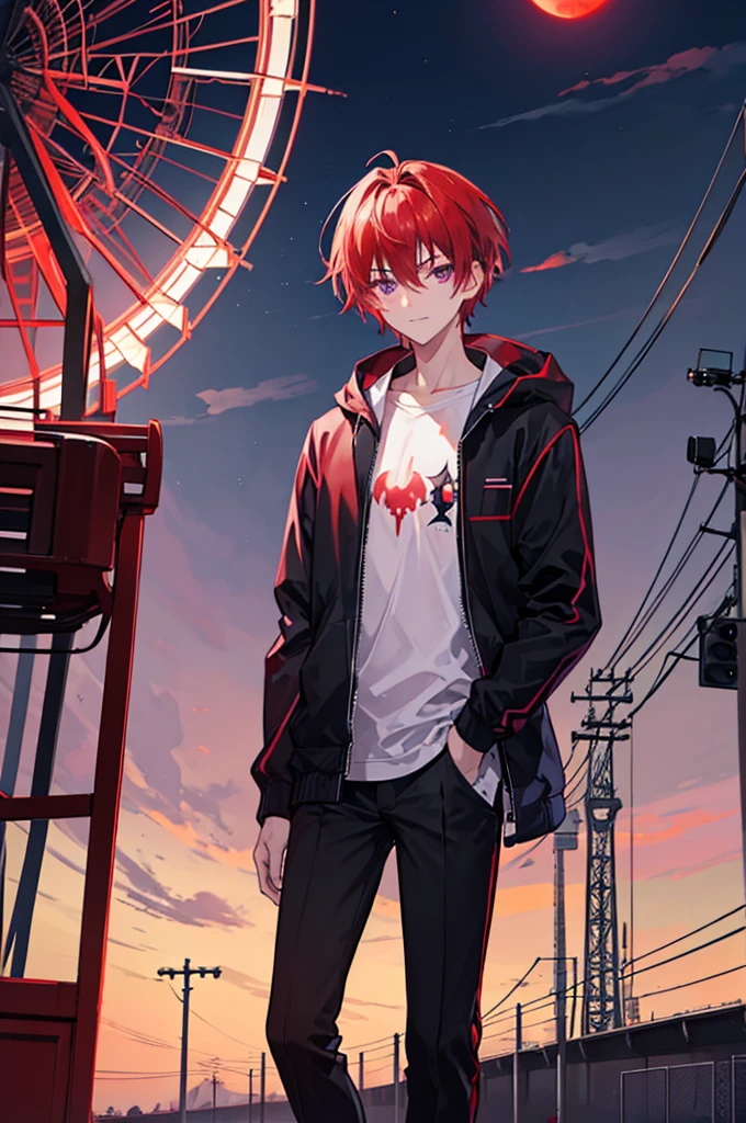 Face through torso, 1man, mature male in his 20s, short hair(Red hair, hair between eyes), sharp and masculine purple eyes(no highlights), sinister smile, mysterious aura like a mastermind behind all events, wearing white hoodie under casual jacket, black pants, controlling red death energy, standing in front of a closed amusement park's Ferris wheel at night with a blood-red moon in the background