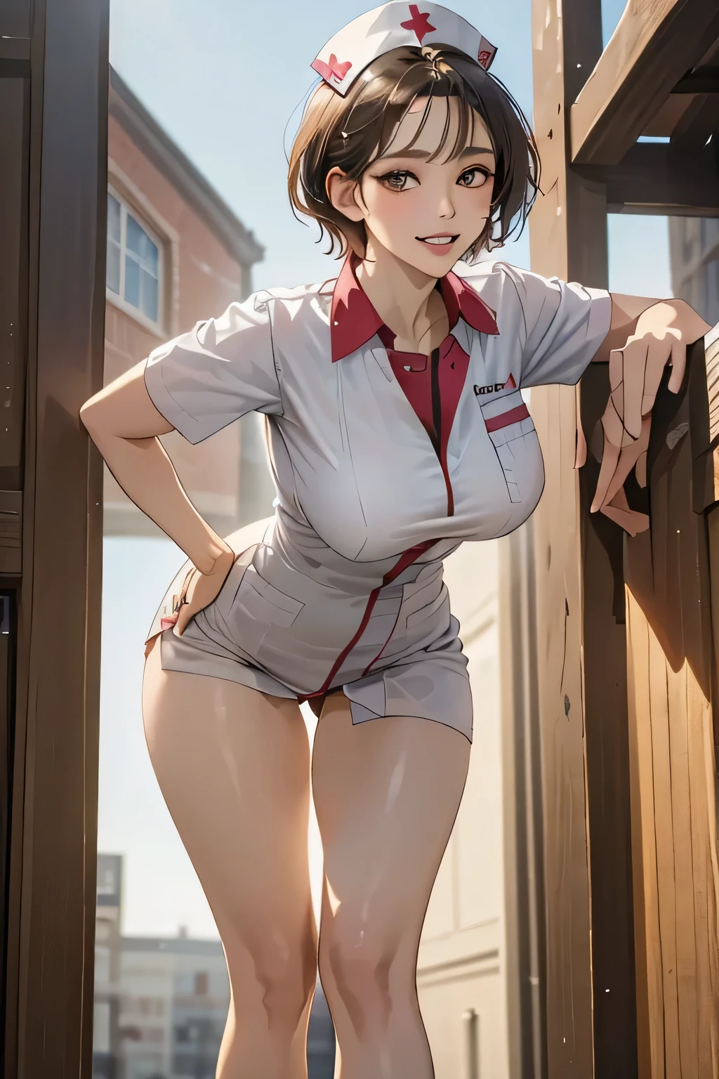 ((1 female, 40 years old)), ((Sexy nurse uniform)), masterpiece, (From below), ((Big Breasts)), (Squat), (Big Hips), (Sexy pose), (Very tanned and shiny skin),  (Skin dents), photoRealistic, Realistic, Alone, photoRealistic, Best Quality, Ultra-high resolution, Yura S, Outdoor, colorful, I parted my lips, Daytime setting, beautiful, masterpiece, Best Quality, Very detailedな顔, perfect lighting, Ultra-high resolution, Very detailed 